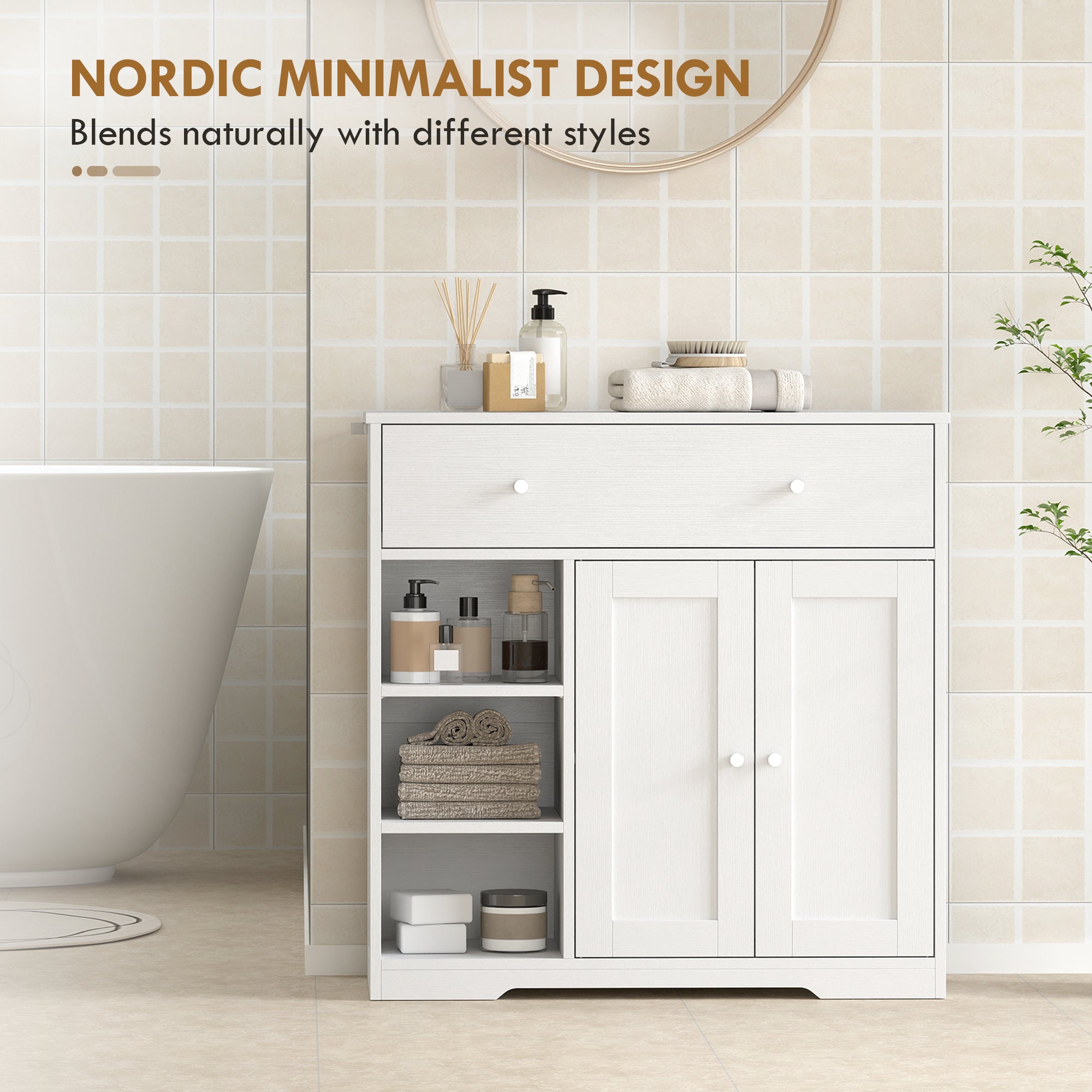Bathroom Floor Cabinet, Freestanding Bathroom Cabinet with Drawer, Door, Open Shelves, for Bathroom, Bedroom and Living Room, White