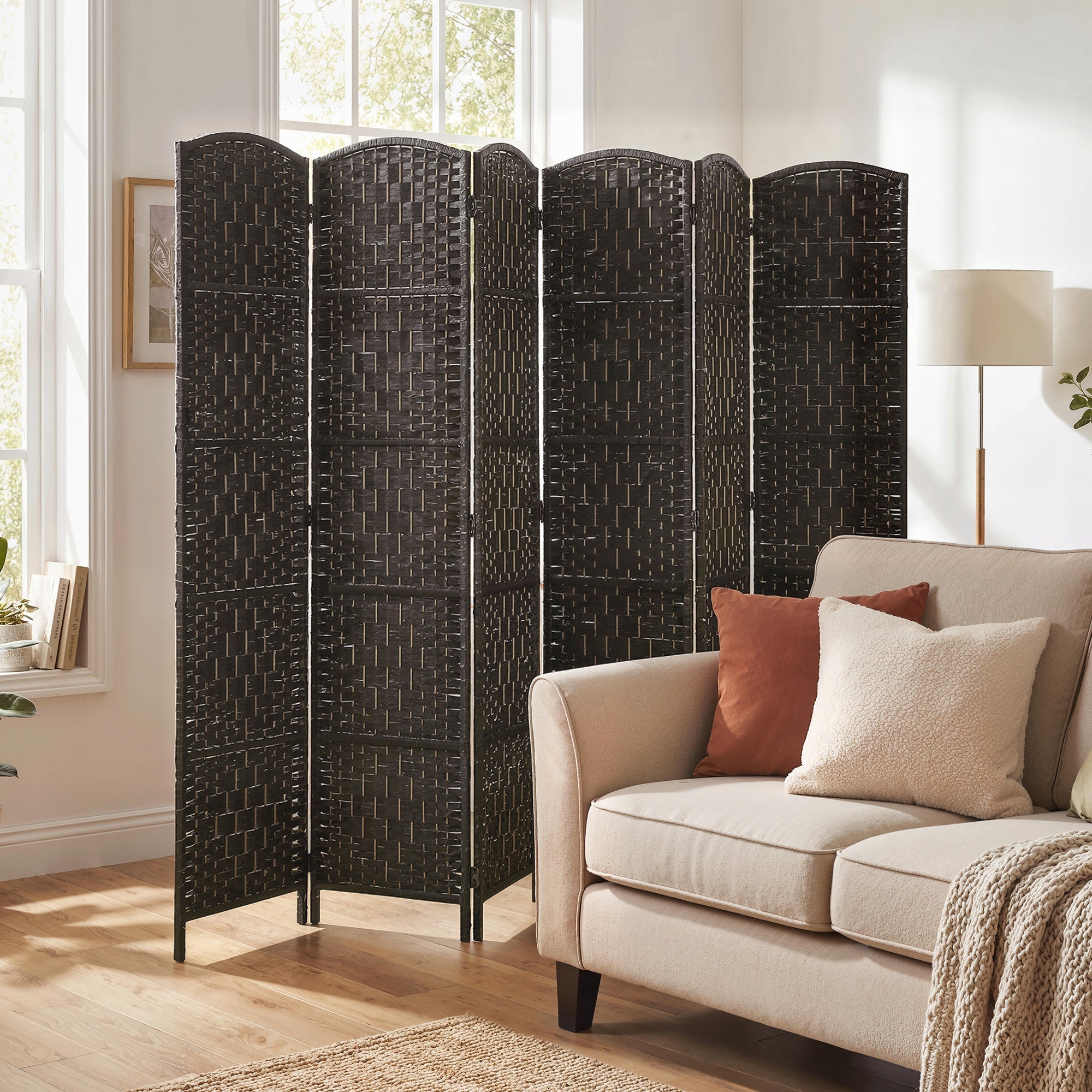 Room Divider, 6 Panel Folding Privacy Screen, 6FT Tall Portable Wicker Weave Partition Wall Divider for Bedroom, Home Office, Coffee