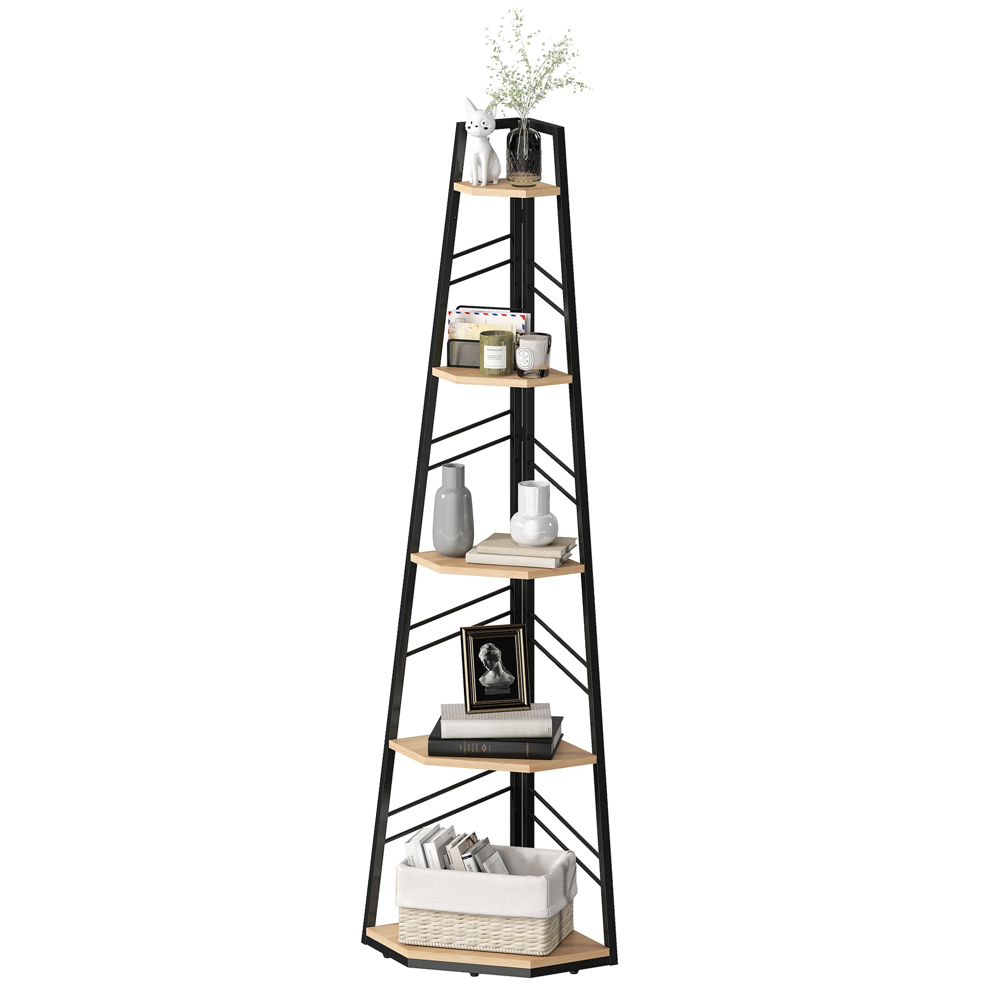 Corner Bookcase, 5-Tier Floor Standing Bookshelf, Shelving Unit for Living Room, Study, Bedroom, Natural Wood Finish