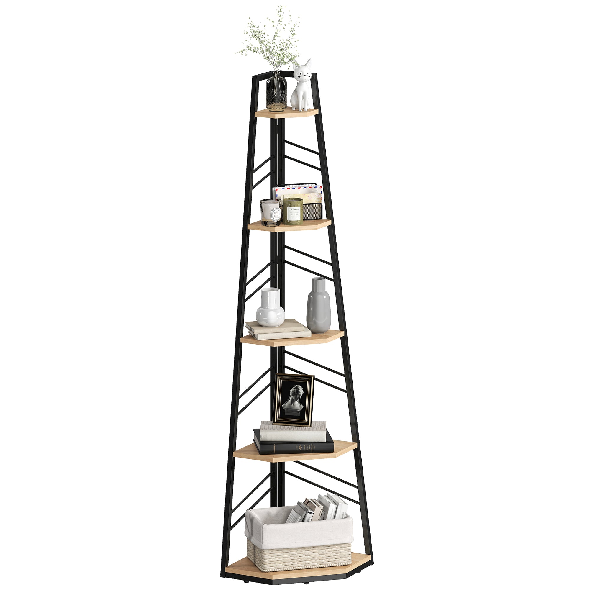 Corner Bookcase, 5-Tier Floor Standing Bookshelf, Shelving Unit for Living Room, Study, Bedroom, Natural Wood Finish