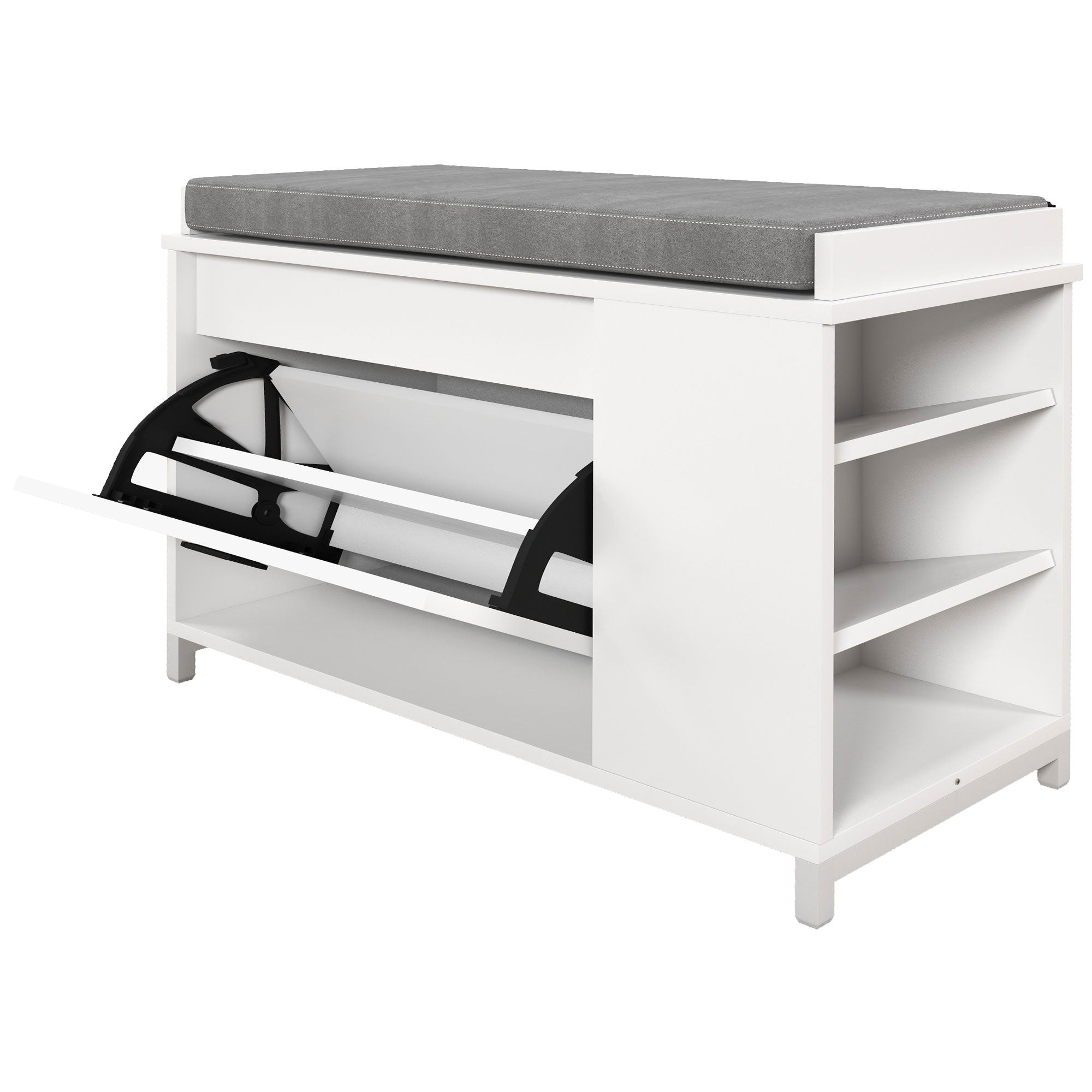 HOMCOM Shoe Bench with Storage, Upholstered Entryway Bench with Flip Drawers, Cushion and 3-tier Side Rack for Living Room, Hallway, White