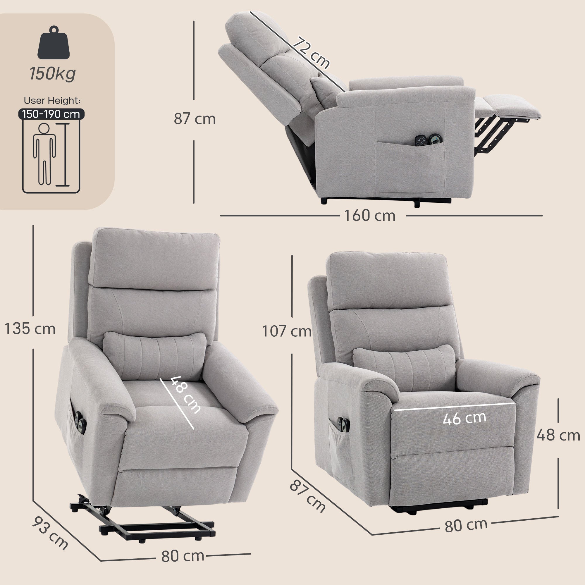 Power Lift Recliner Chair with Vibration Massage and Heat, Terry Cloth Electric Lift Chair for Elderly with Spring Cushion, High Back, Remote, Recliner Armchair for Living Room, Light Grey
