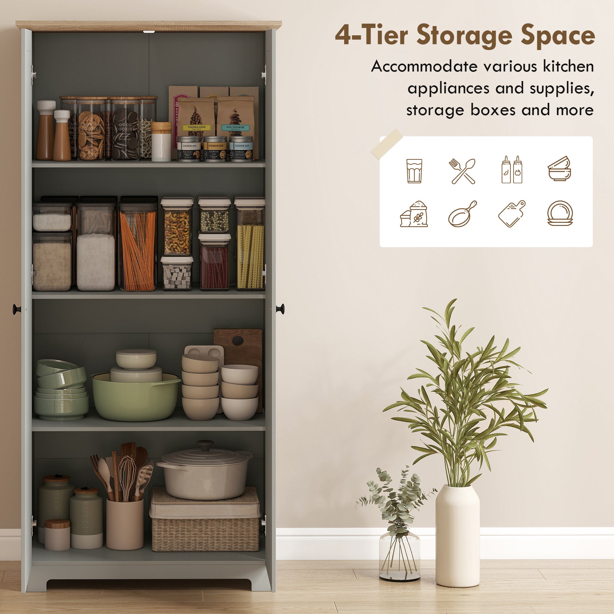 172cm Kitchen Cupboard, Freestanding Storage Cabinet with Doors and Shelves, Modern 2-Door Kitchen Pantry Cupboard for Dining Room, Grey