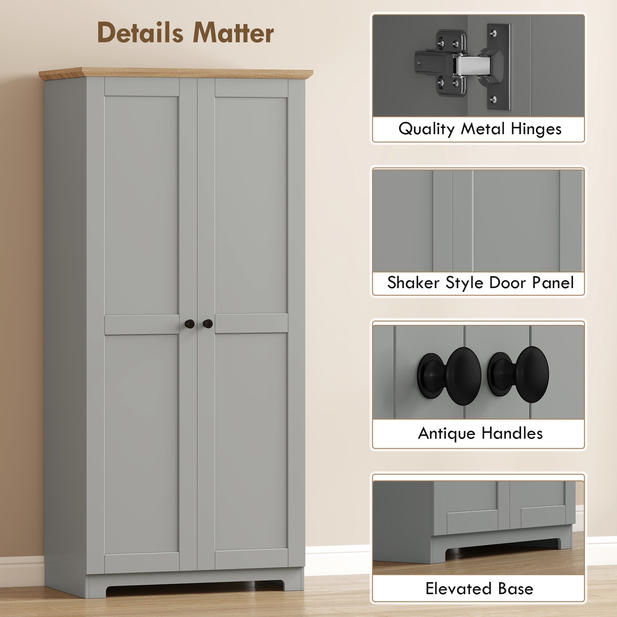 172cm Kitchen Cupboard, Freestanding Storage Cabinet with Doors and Shelves, Modern 2-Door Kitchen Pantry Cupboard for Dining Room, Grey