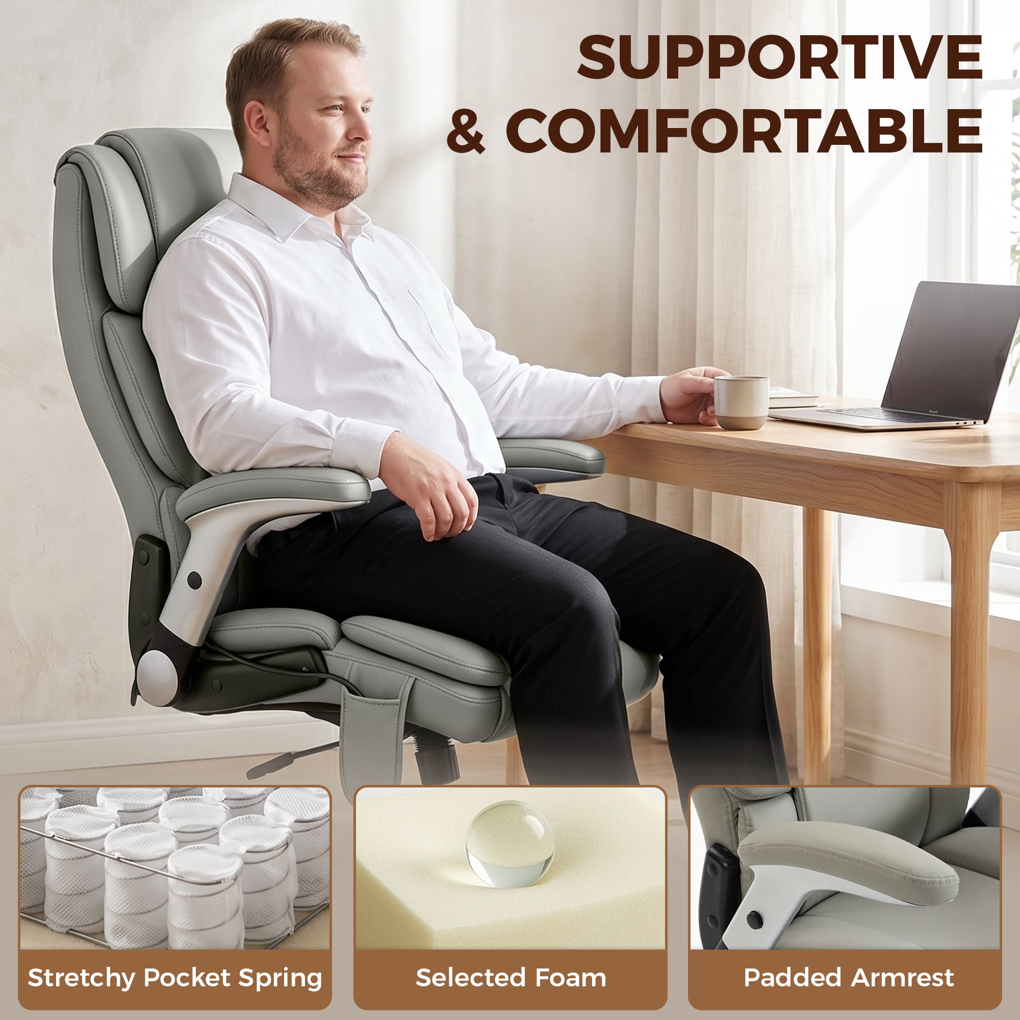 Heavy Duty Office Chair 400LBS with Airbag Lumbar Support, Pet-Friendly Fabric, Big and Tall Desk Chair with Flip-Up Armrests, Pocket Springs, Class 4 Gas Cylinder, Wide Seat, Light Gray