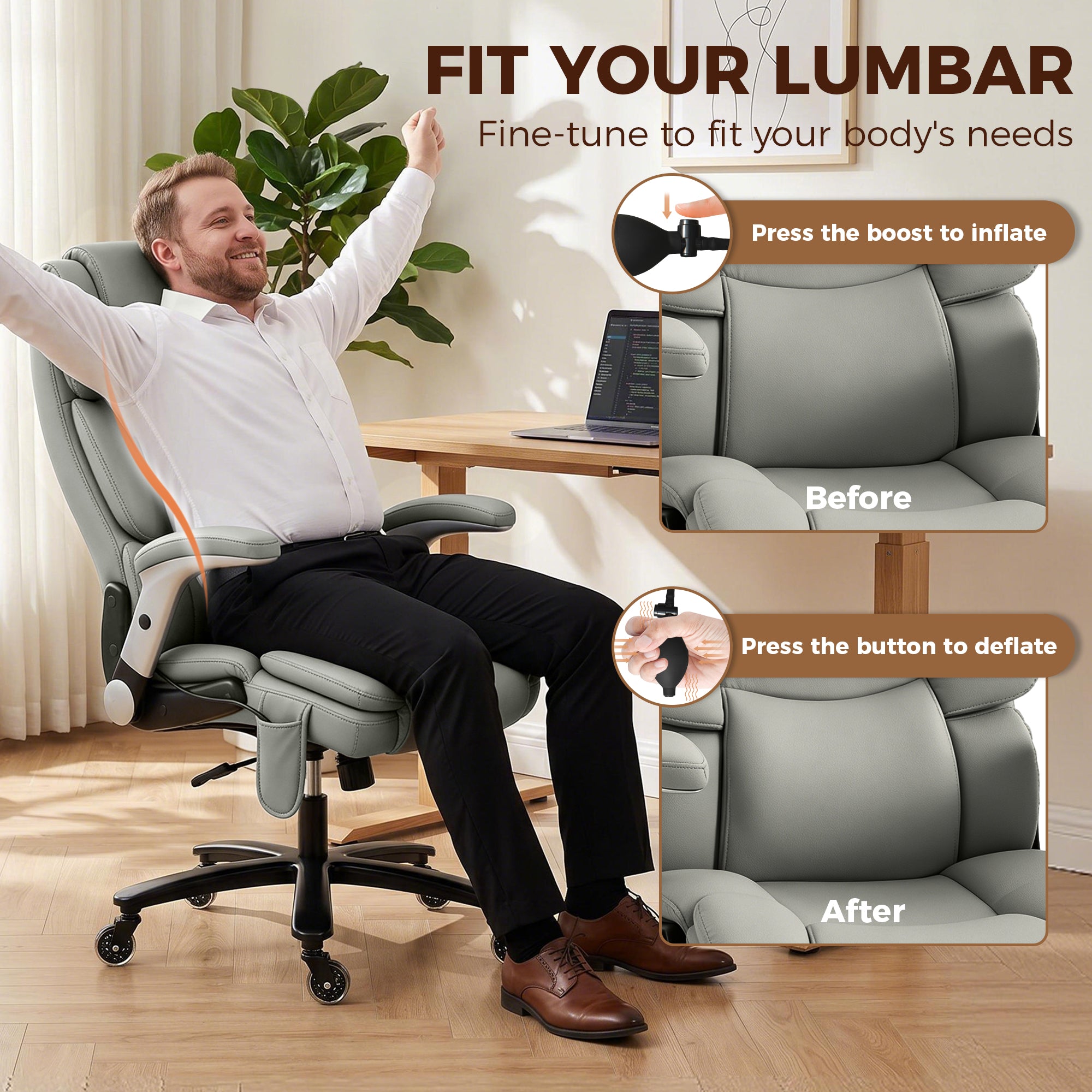 Heavy Duty Office Chair 400LBS with Airbag Lumbar Support, Pet-Friendly Fabric, Big and Tall Desk Chair with Flip-Up Armrests, Pocket Springs, Class 4 Gas Cylinder, Wide Seat, Light Gray
