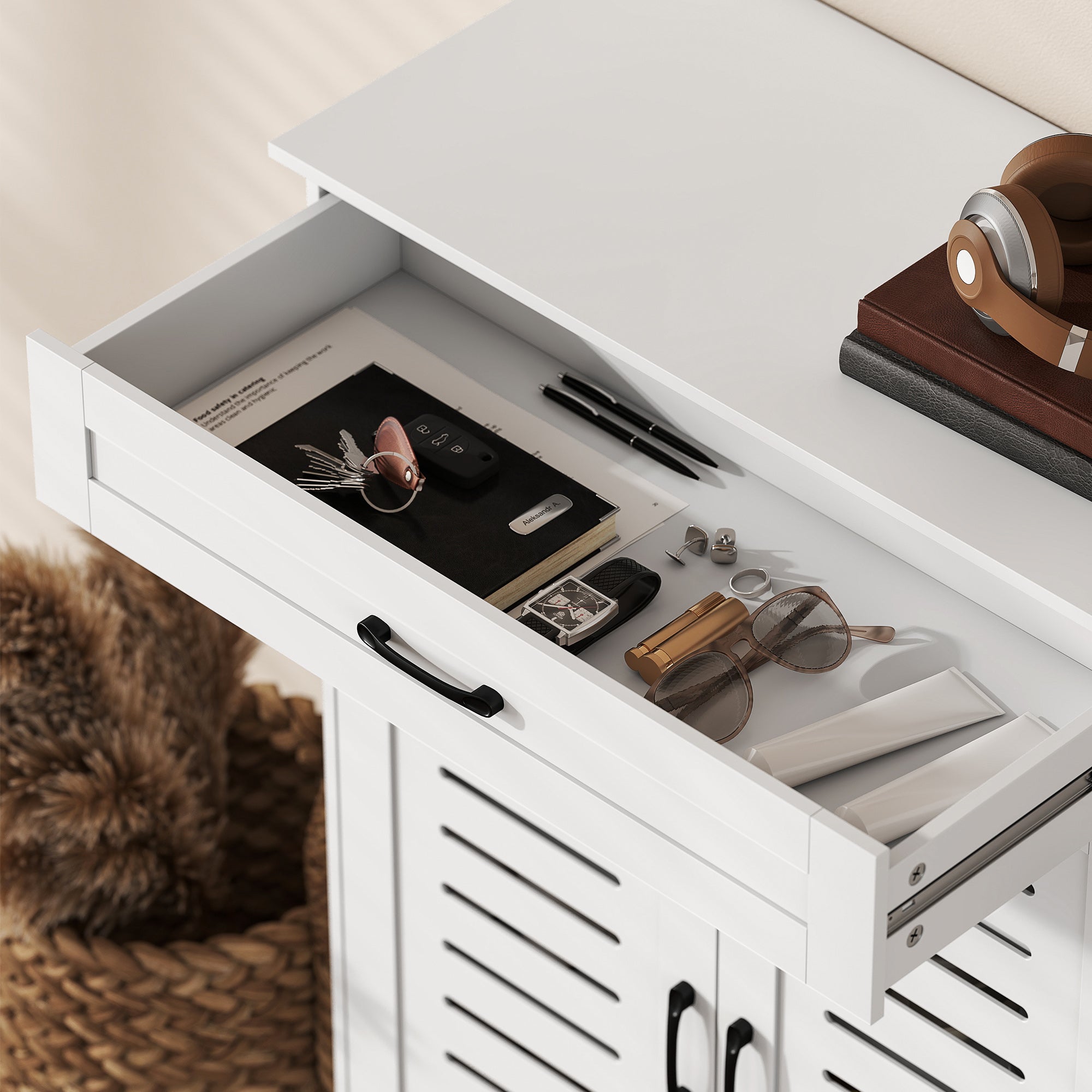 Shoe Cabinet with Louvered Doors, Modern Shoe Storage Cabinet with Drawer and Adjustable Shelves, Holds up to 20 Pairs for Entryway, Hallway, White