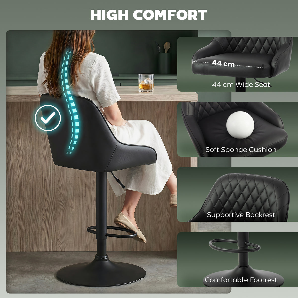 Adjustable Bar Stools Set of 2, Modern Swivel Counter Height Barstools with Back, Footrest, PU Leather Upholstered Bar Chairs for Kitchen Island Counter Dining Room, Black