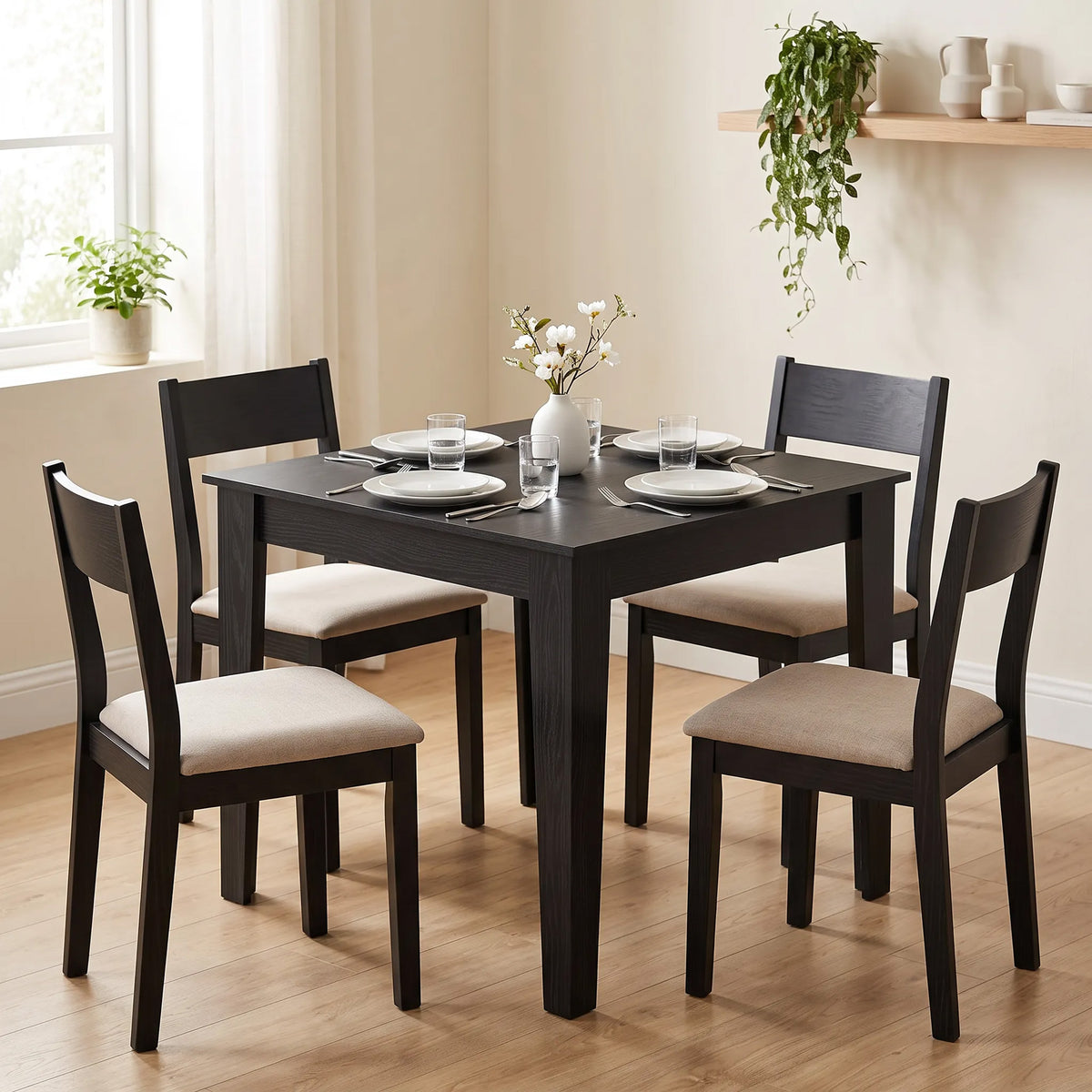 Square Dining Table for 4, 31.5" Modern Kitchen Table with Wood Effect Tabletop, for Dining Room, Kitchen, Living Room, Black Wood Effect