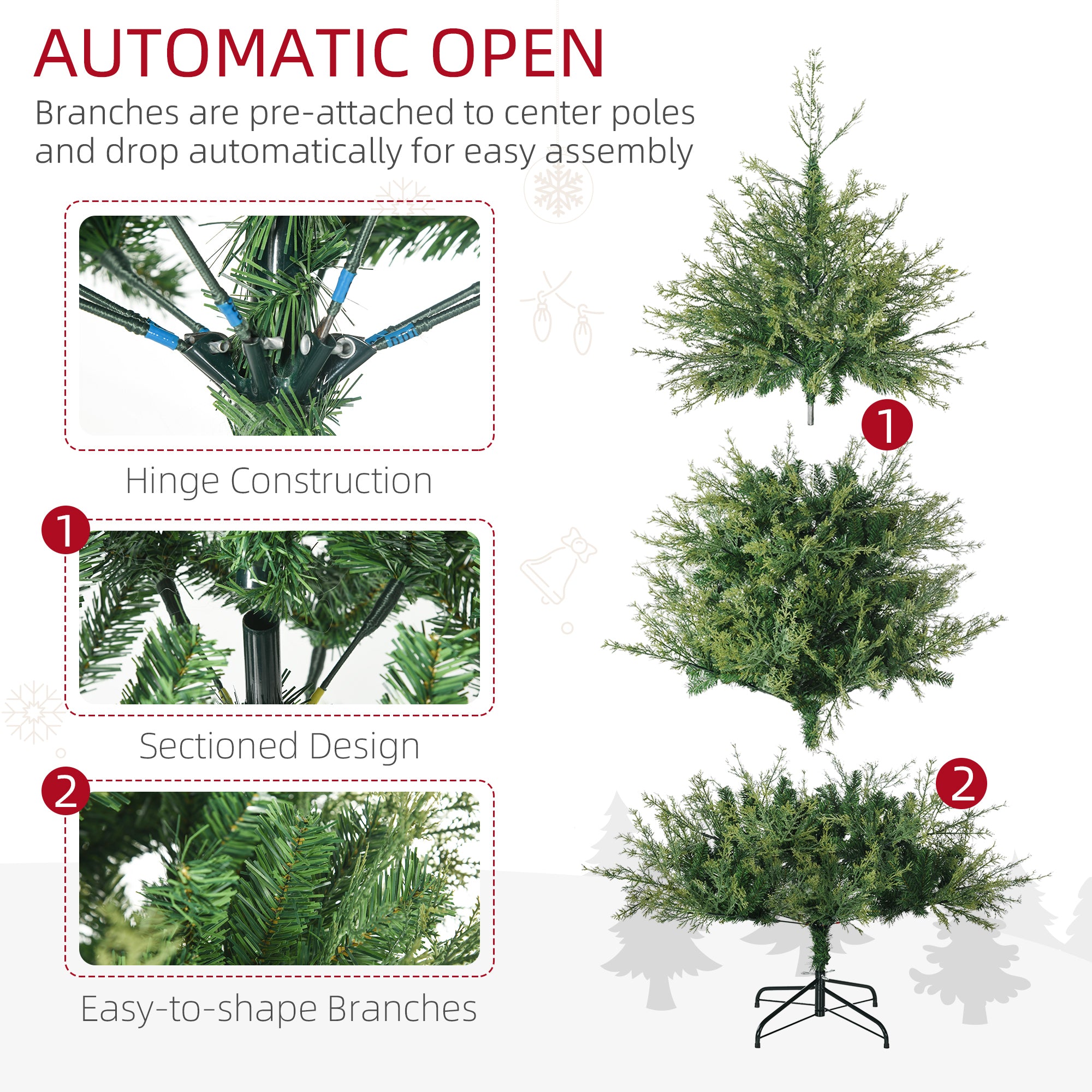 6' Artificial Christmas Trees, with Easy-to-Shape Branches, Auto Open, Steel Base, Wide Shape