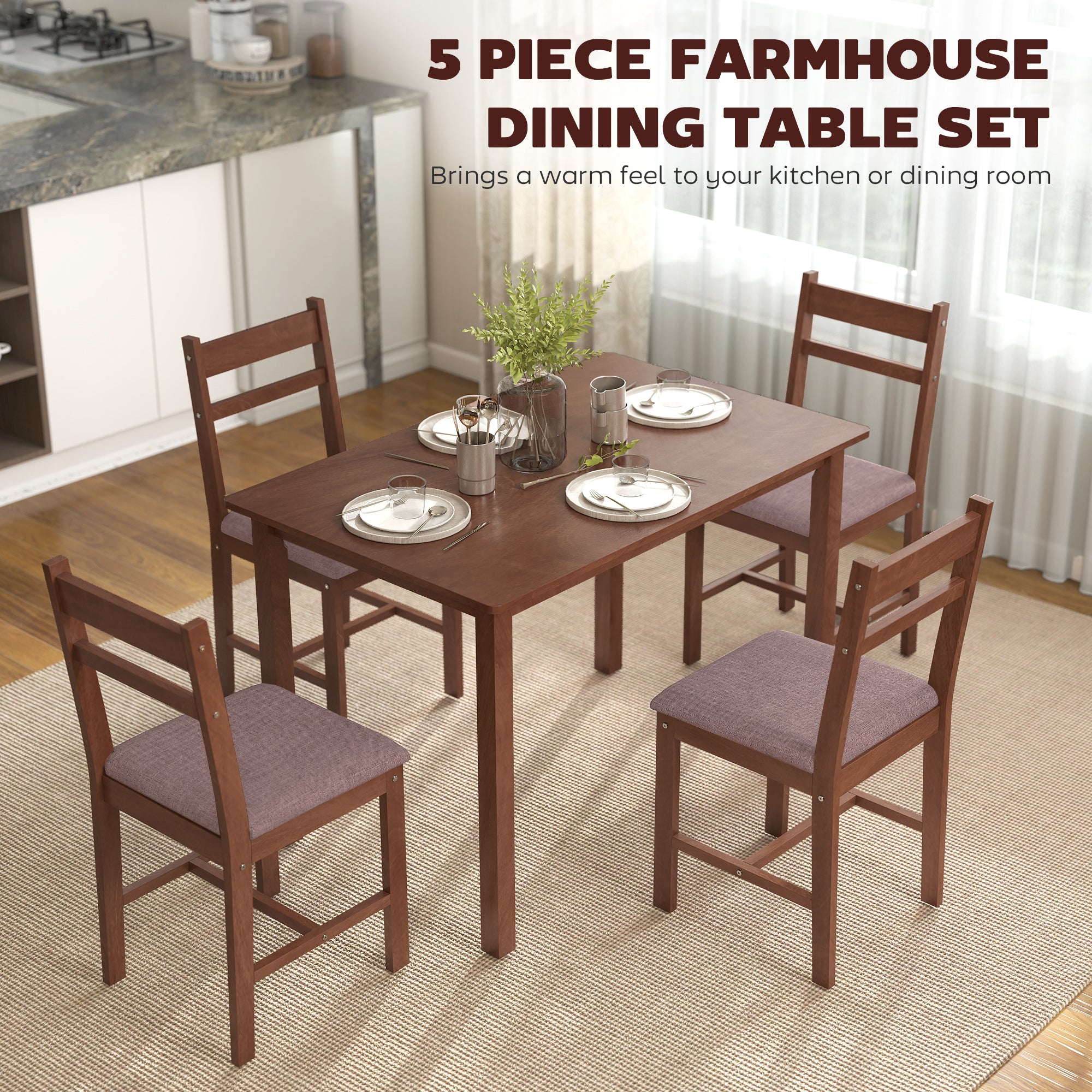 5-Piece Solid Wood Dining Table Set for 4, Farmhouse Kitchen Table with Upholstered Chairs for Small Space, Dining Room, Breakfast Nook, Light Brown and Brown