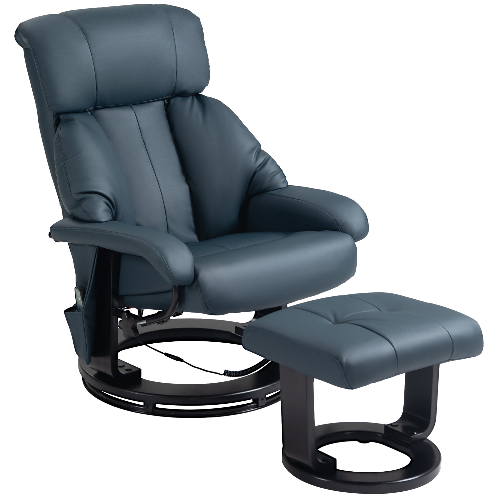 Massage Recliner Chair with Ottoman, 360° Swivel Recliner and Footstool, 10-Point Vibration, PU Leather Reclining Chair with Remote Control, Blue