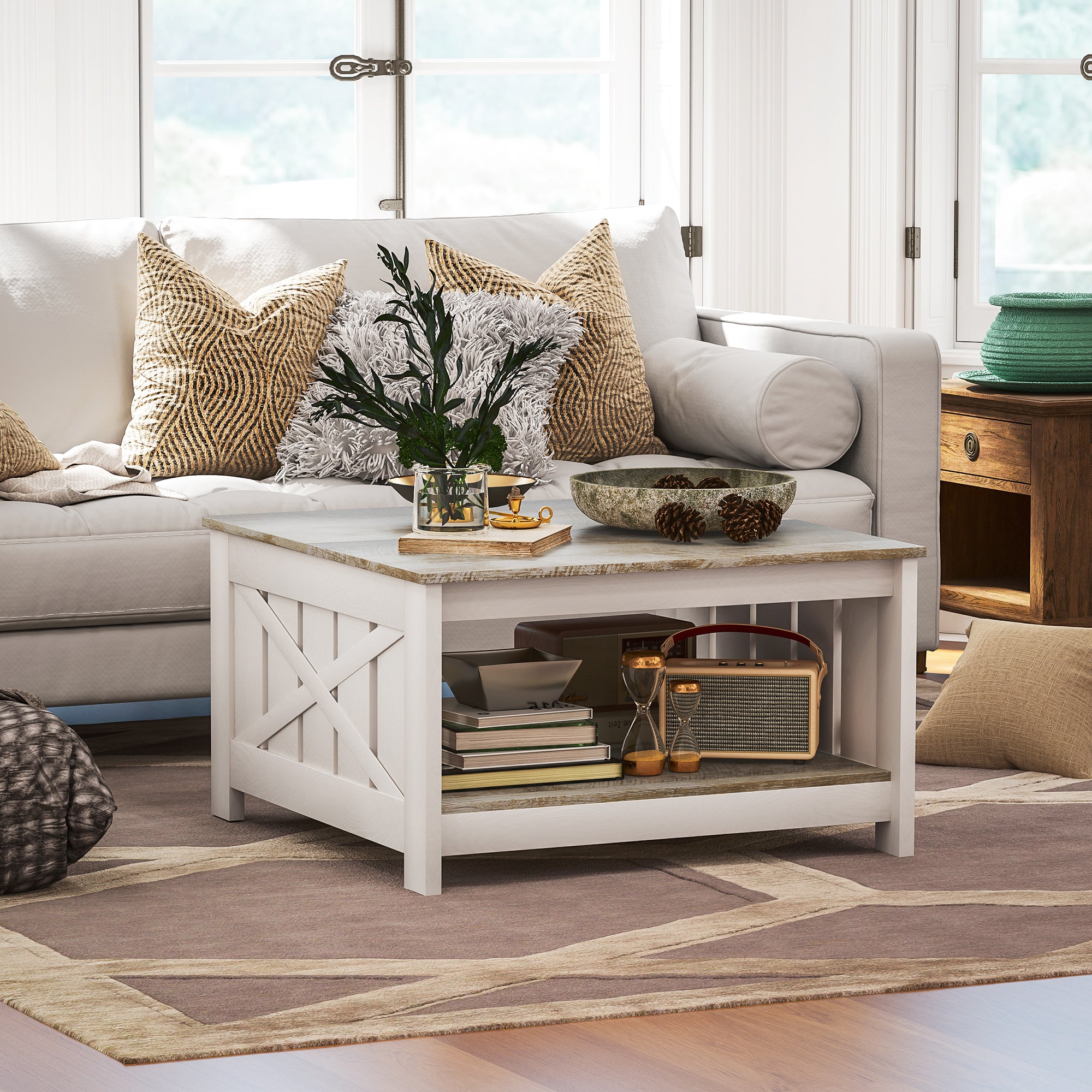 HOMCOM Farmhouse Coffee Table with Storage Shelf, 31.5" 2-Tier Square Living Room Table, Distressed Oak and Brown