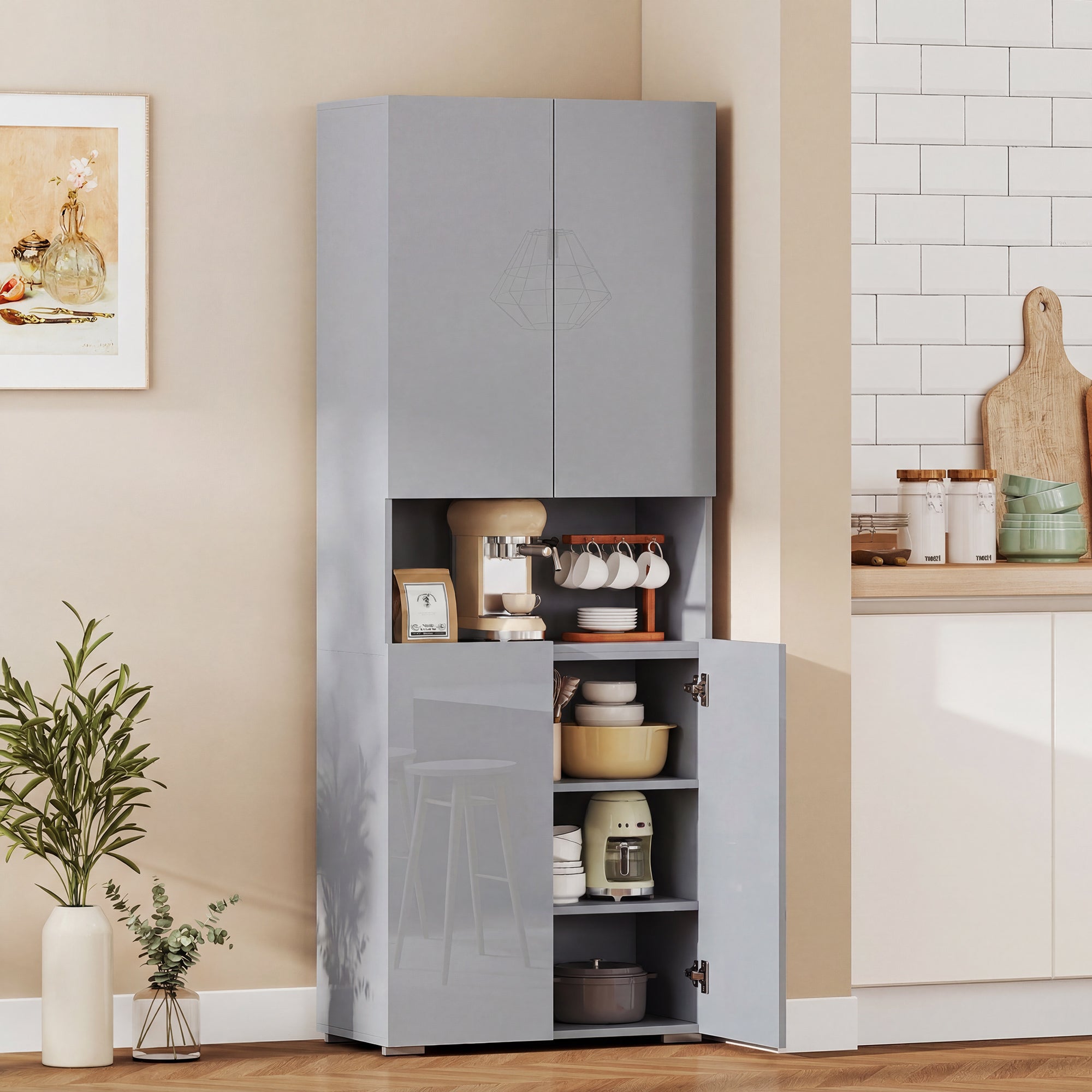 180 cm Tall Kitchen Cupboard, Pantry Storage Cabinet with Soft Close Doors and Adjustable Shelves, Freestanding Kitchen Cabinet for Dining Room, High Gloss Grey