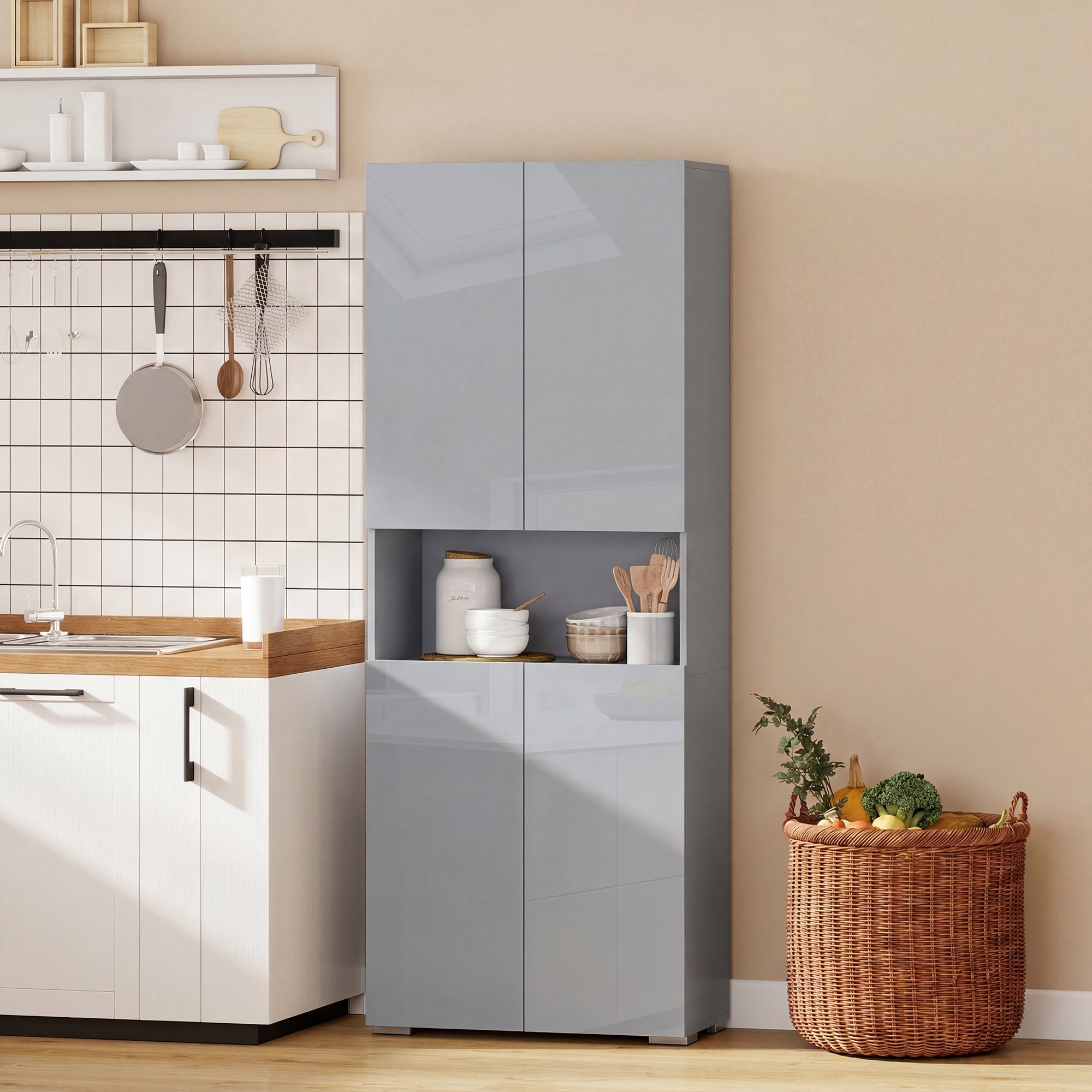 180 cm Tall Kitchen Cupboard, Pantry Storage Cabinet with Soft Close Doors and Adjustable Shelves, Freestanding Kitchen Cabinet for Dining Room, High Gloss Grey