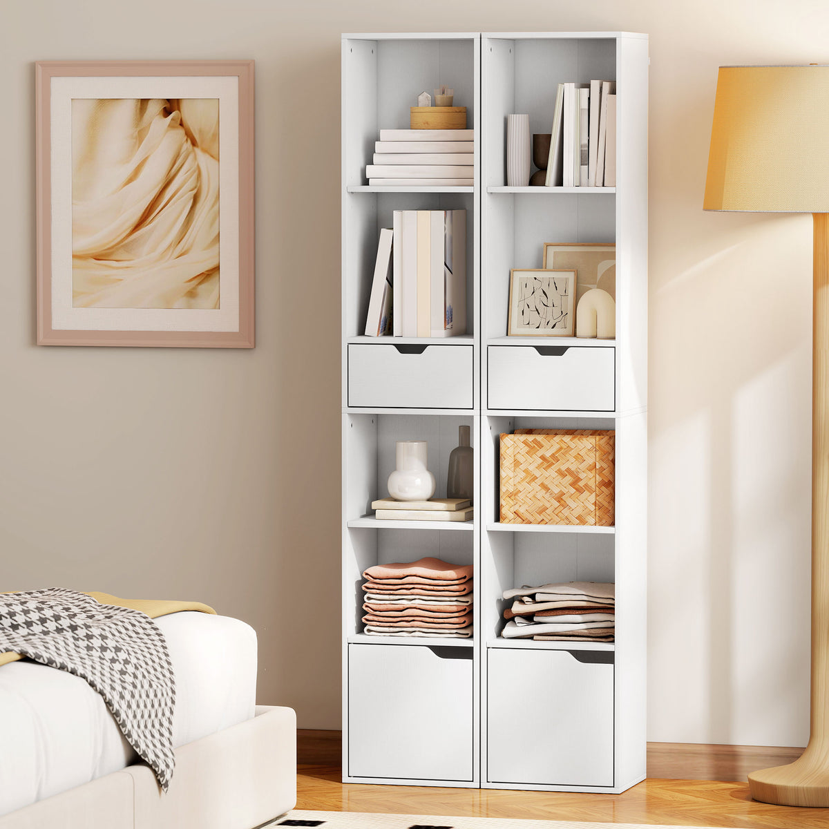 6-Tier Bookcase, Tall Narrow Bookshelf with Drawer, Door, Adjustable Shelf, Modern Display Standing Shelving Unit for Living Room, Home Office, Bedroom, 30 x 24 x 158 cm, White