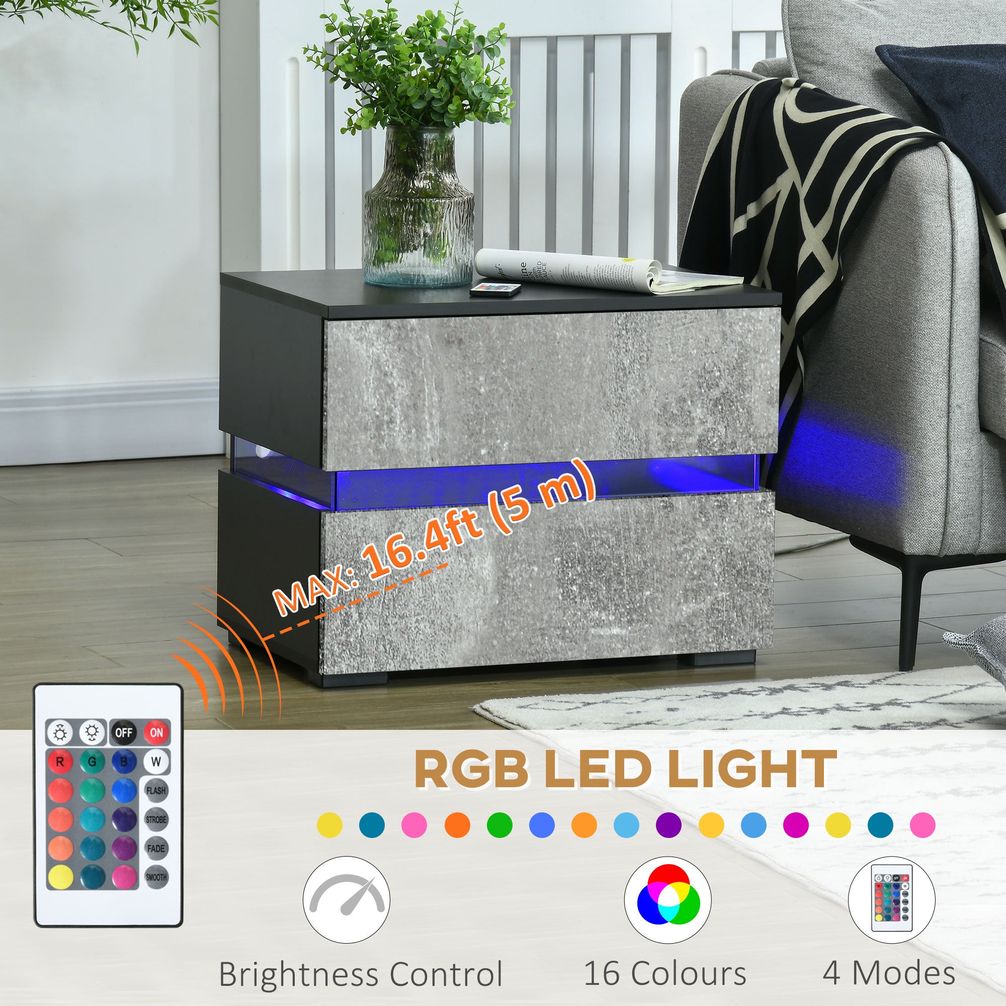 HOMCOM LED Nightstand with 2 Drawers, Bedside Table with 16 Colour, 4 Modes and Adjustable Brightness RGB LED Lights, Remote, Grey