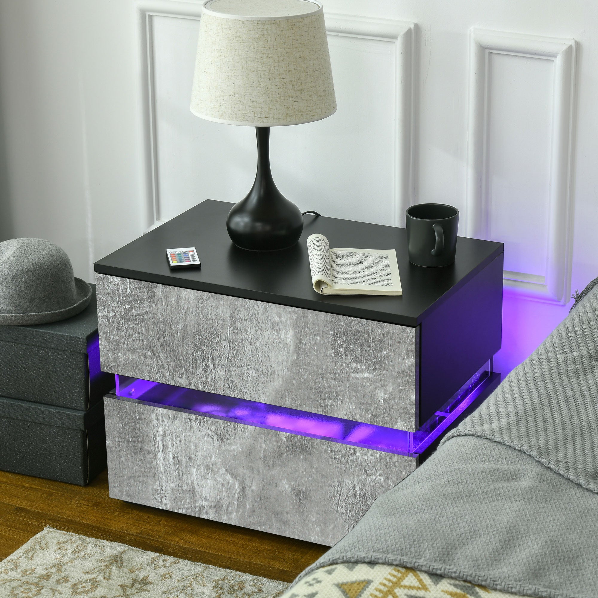 HOMCOM LED Nightstand with 2 Drawers, Bedside Table with 16 Colour, 4 Modes and Adjustable Brightness RGB LED Lights, Remote, Grey