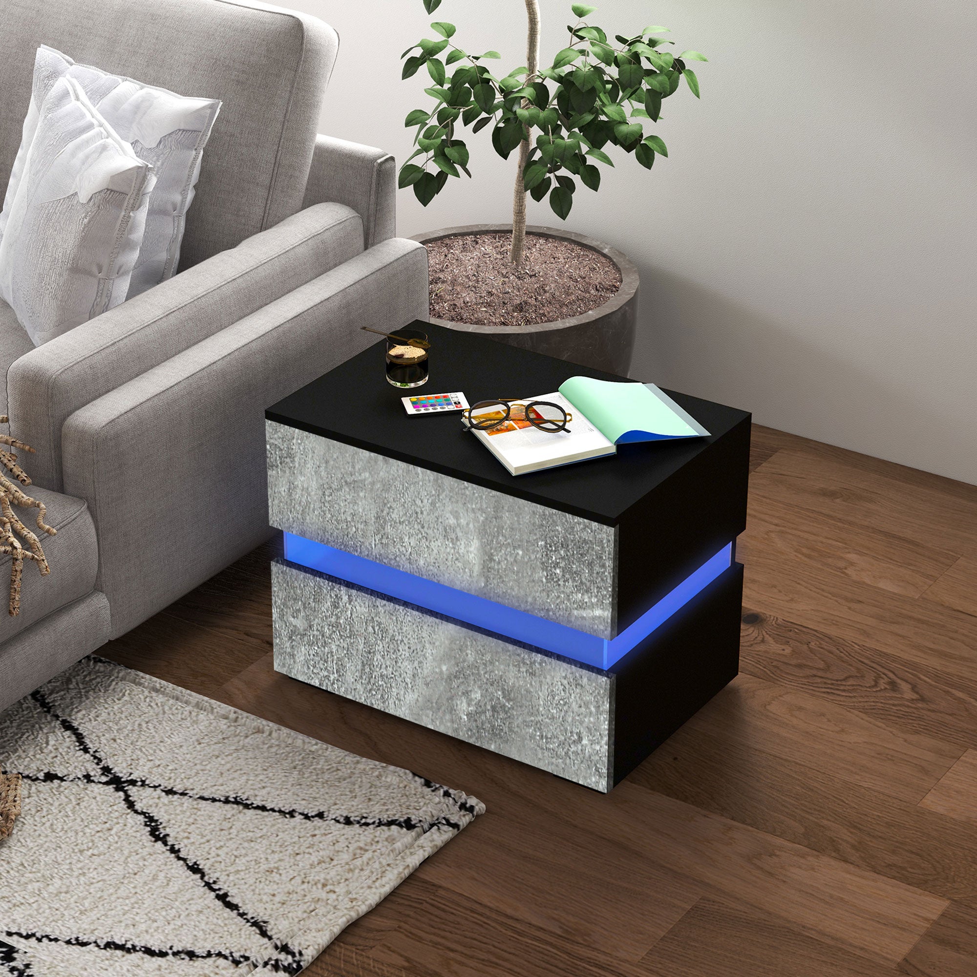 HOMCOM LED Nightstand with 2 Drawers, Bedside Table with 16 Colour, 4 Modes and Adjustable Brightness RGB LED Lights, Remote, Grey