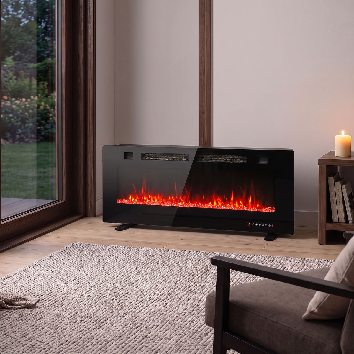 42" Electric Fireplace Insert, Ultra-Thin Recessed, Wall Mounted and Freestanding Fireplace w/ Flame Effect, Adjustable Brightness, Crystal Stone, Remote, 750W/1500W, Black