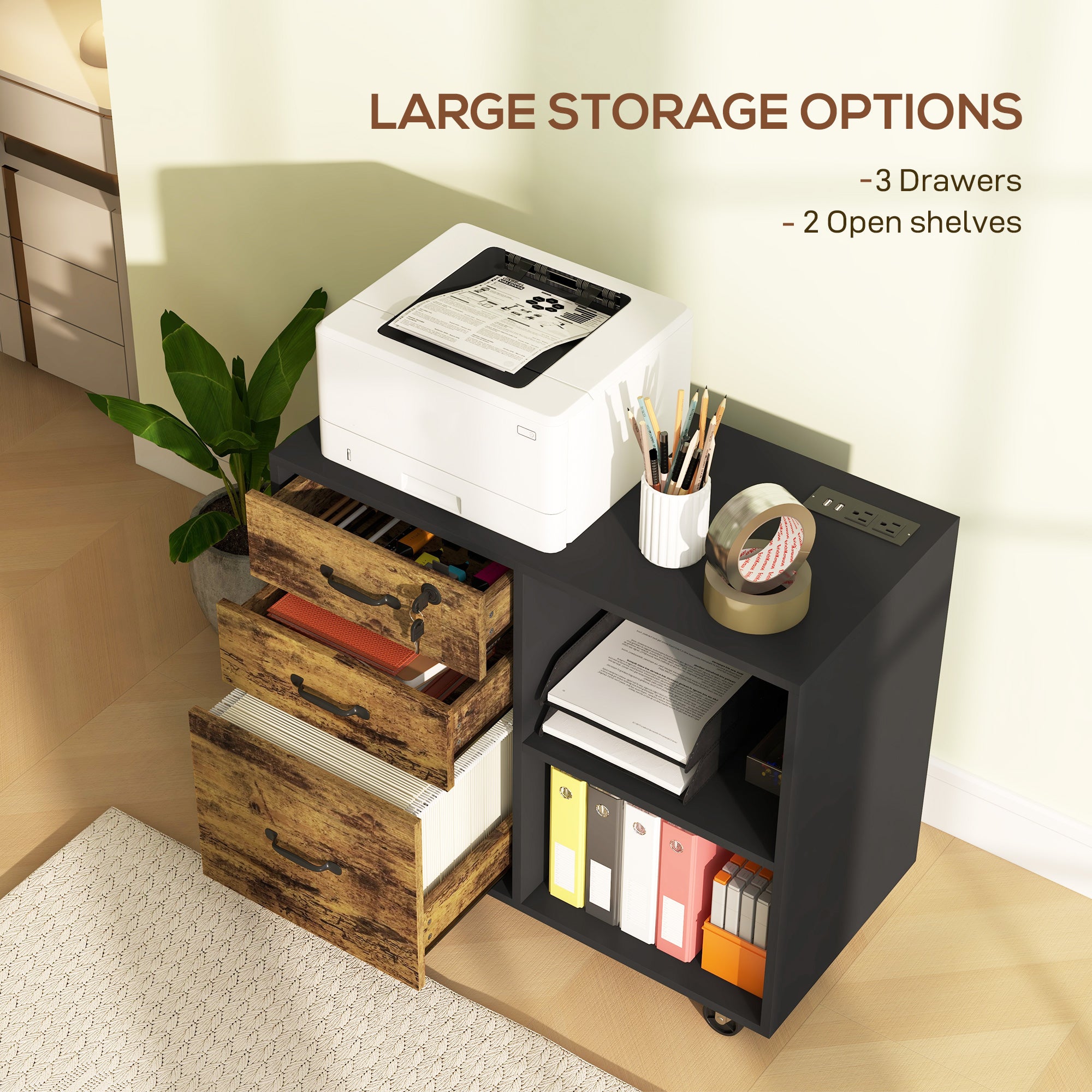 HOMCOM 3 Drawer Lateral Filing Cabinet with Charging Station and USB Ports, Mobile Printer Stand with Open Storage Shelf, Locking File Cabinet for A4, Letter Size, Black