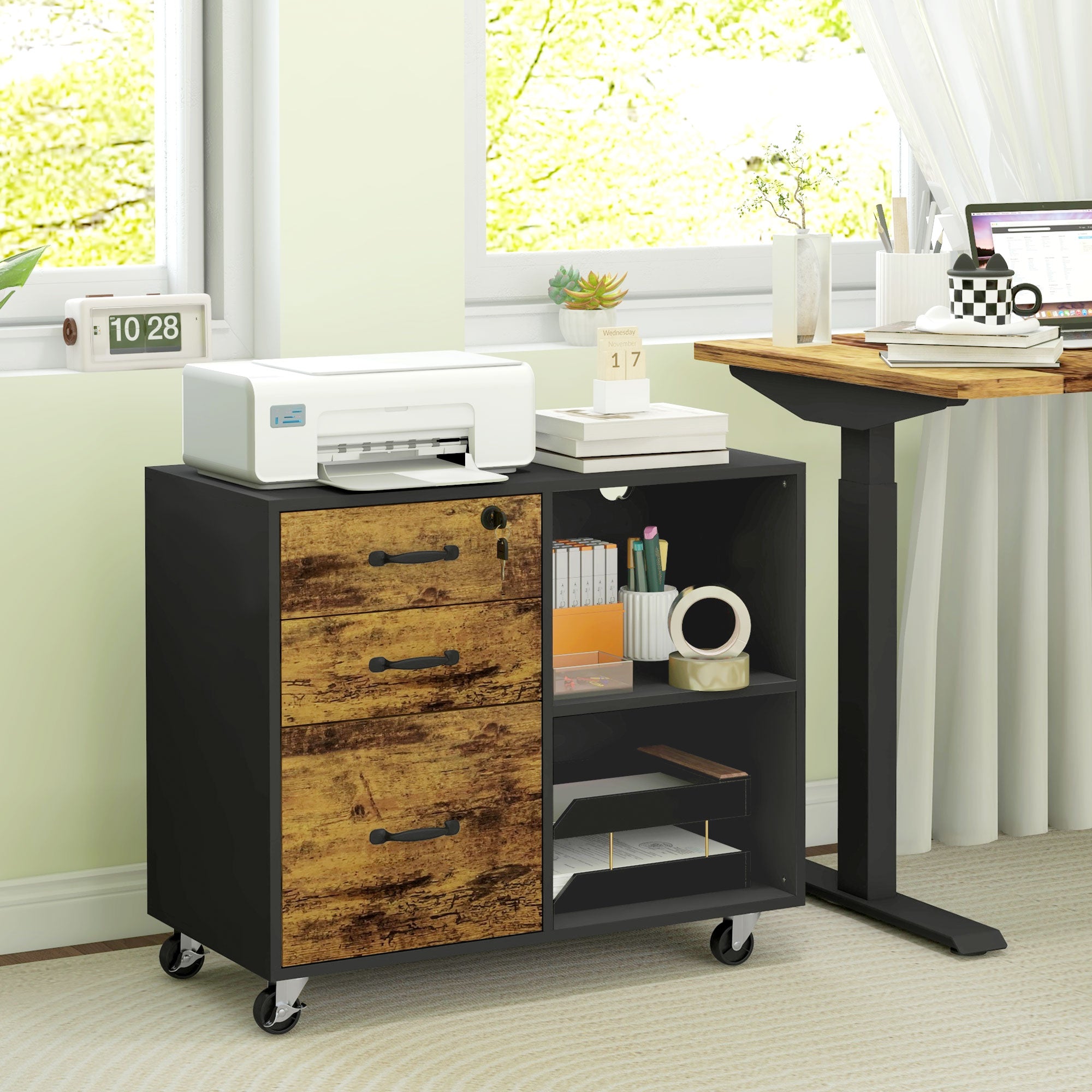 HOMCOM 3 Drawer Lateral Filing Cabinet with Charging Station and USB Ports, Mobile Printer Stand with Open Storage Shelf, Locking File Cabinet for A4, Letter Size, Black