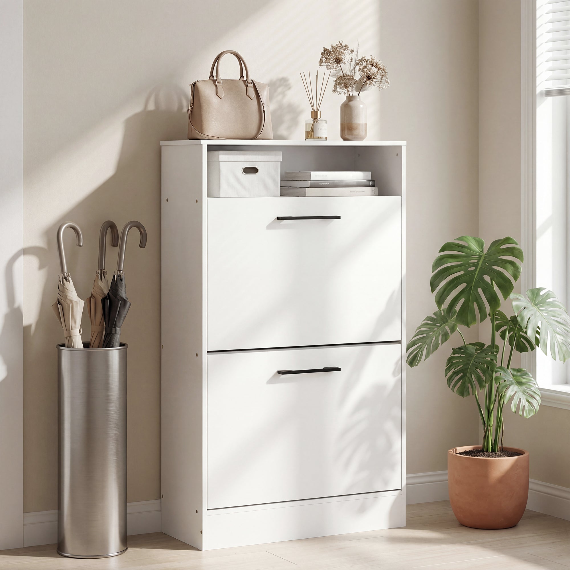 Shoe Cabinet with 2 Flip Drawers and Open Shelf, Narrow Shoe Storage Cabinet with Adjustable Dividers, Entryway Shoe Storage Unit for up to 12 Pairs for Hallway, White