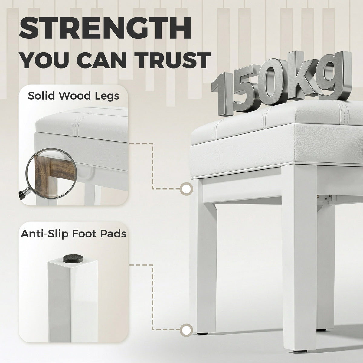 24.8" Adjustable Piano Bench with Padded Cushion and Storage, Faux Leather Keyboard Bench with Solid Wood Legs, White