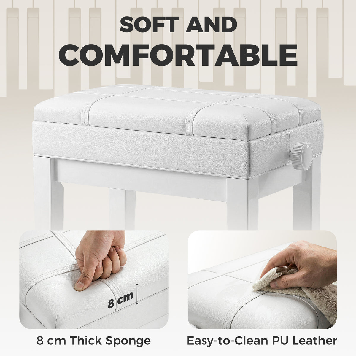 24.8" Adjustable Piano Bench with Padded Cushion and Storage, Faux Leather Keyboard Bench with Solid Wood Legs, White