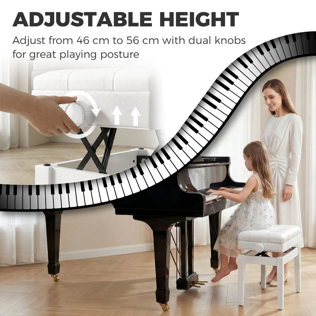24.8" Adjustable Piano Bench with Padded Cushion and Storage, Faux Leather Keyboard Bench with Solid Wood Legs, White
