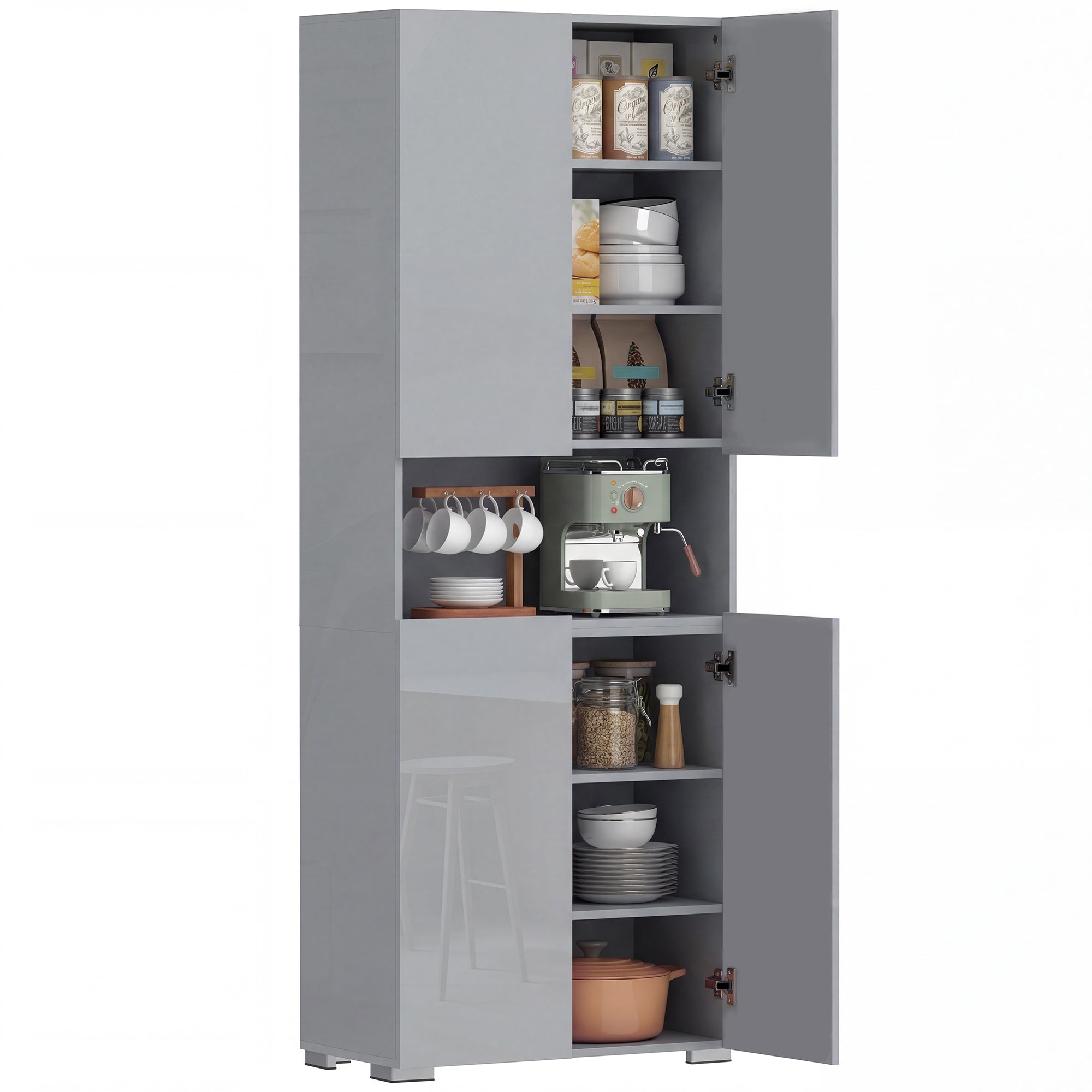 180 cm Tall Kitchen Cupboard, Pantry Storage Cabinet with Soft Close Doors and Adjustable Shelves, Freestanding Kitchen Cabinet for Dining Room, High Gloss Grey