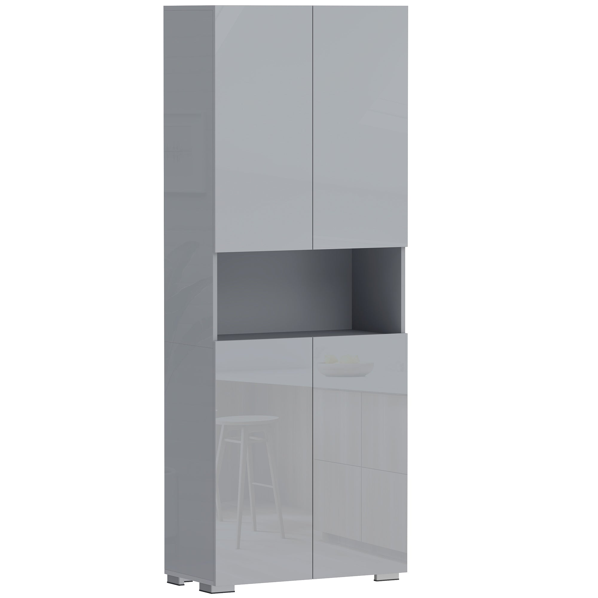 180 cm Tall Kitchen Cupboard, Pantry Storage Cabinet with Soft Close Doors and Adjustable Shelves, Freestanding Kitchen Cabinet for Dining Room, High Gloss Grey