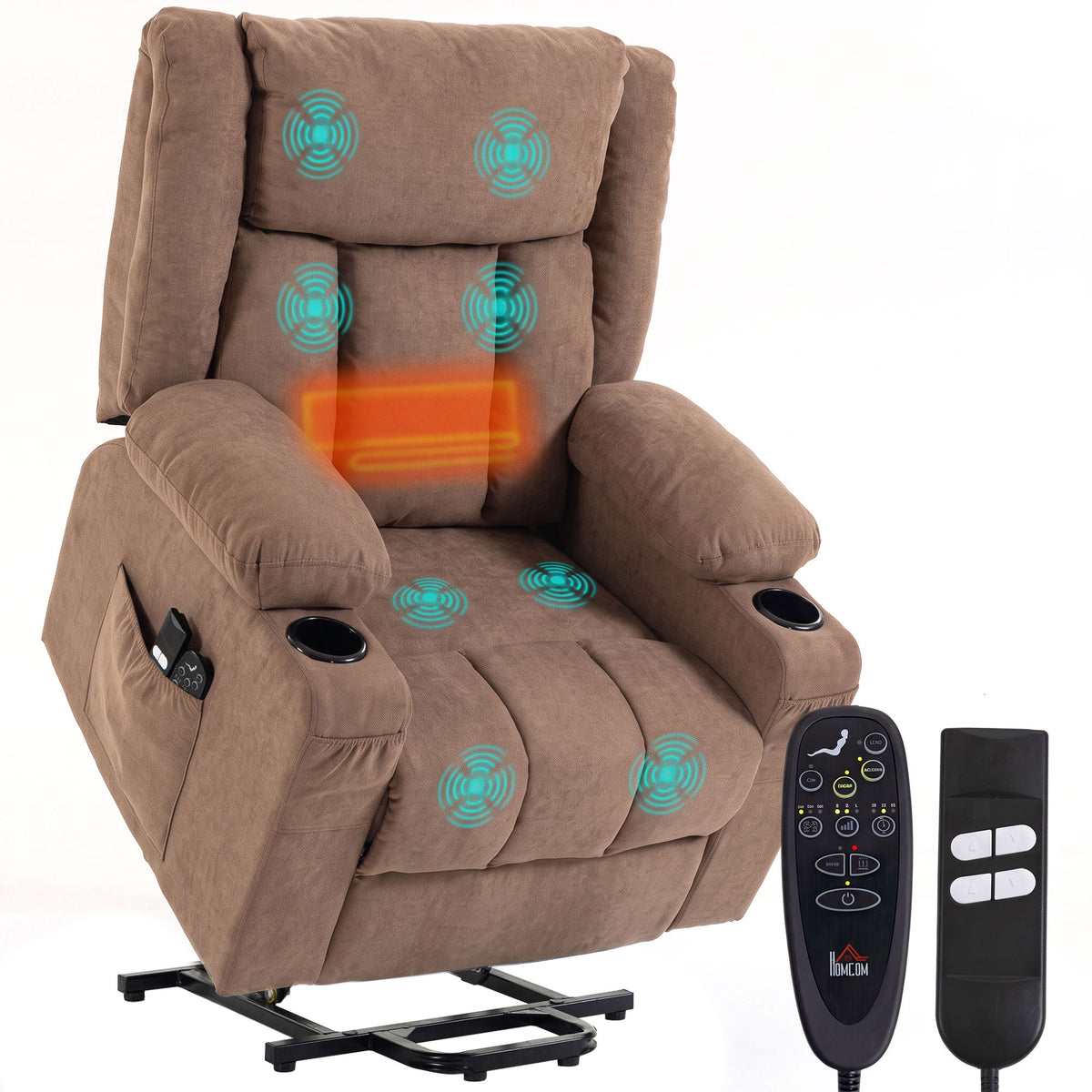 Dual Motor Recliner Chair Lift Chair for Elderly, 55° Electric Riser Recliner Armchair with Massage and Heat, Terry Cloth Power Reclining Lounge Sofa, 2 Cup Holders, Side Pockets, Brown