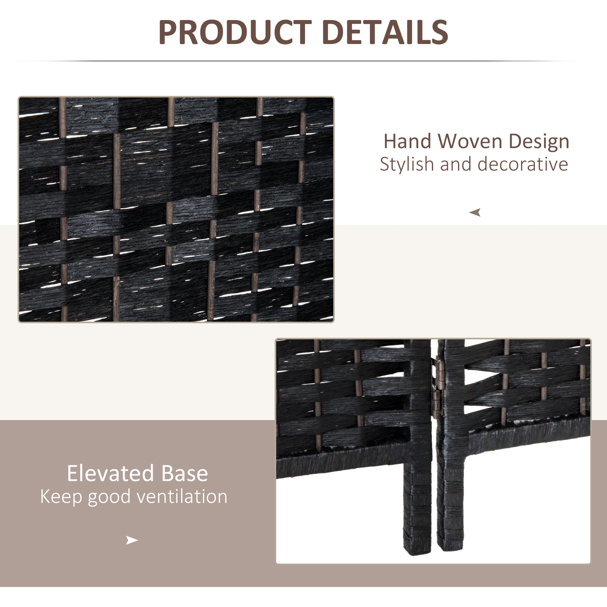 HOMCOM 6 Panels Room Divider, 6 Ft Tall Indoor Portable Folding Privacy Screens, Hand-Woven Double Hinged Freestanding Partition Wall Divider for Home Office, Black