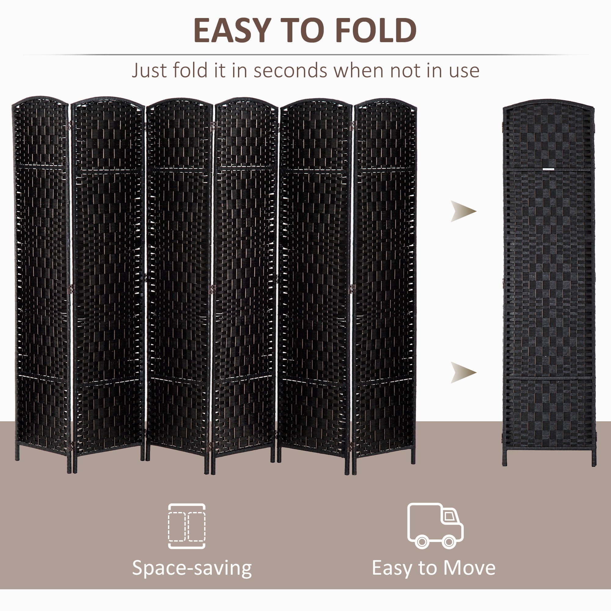 HOMCOM 6 Panels Room Divider, 6 Ft Tall Indoor Portable Folding Privacy Screens, Hand-Woven Double Hinged Freestanding Partition Wall Divider for Home Office, Black