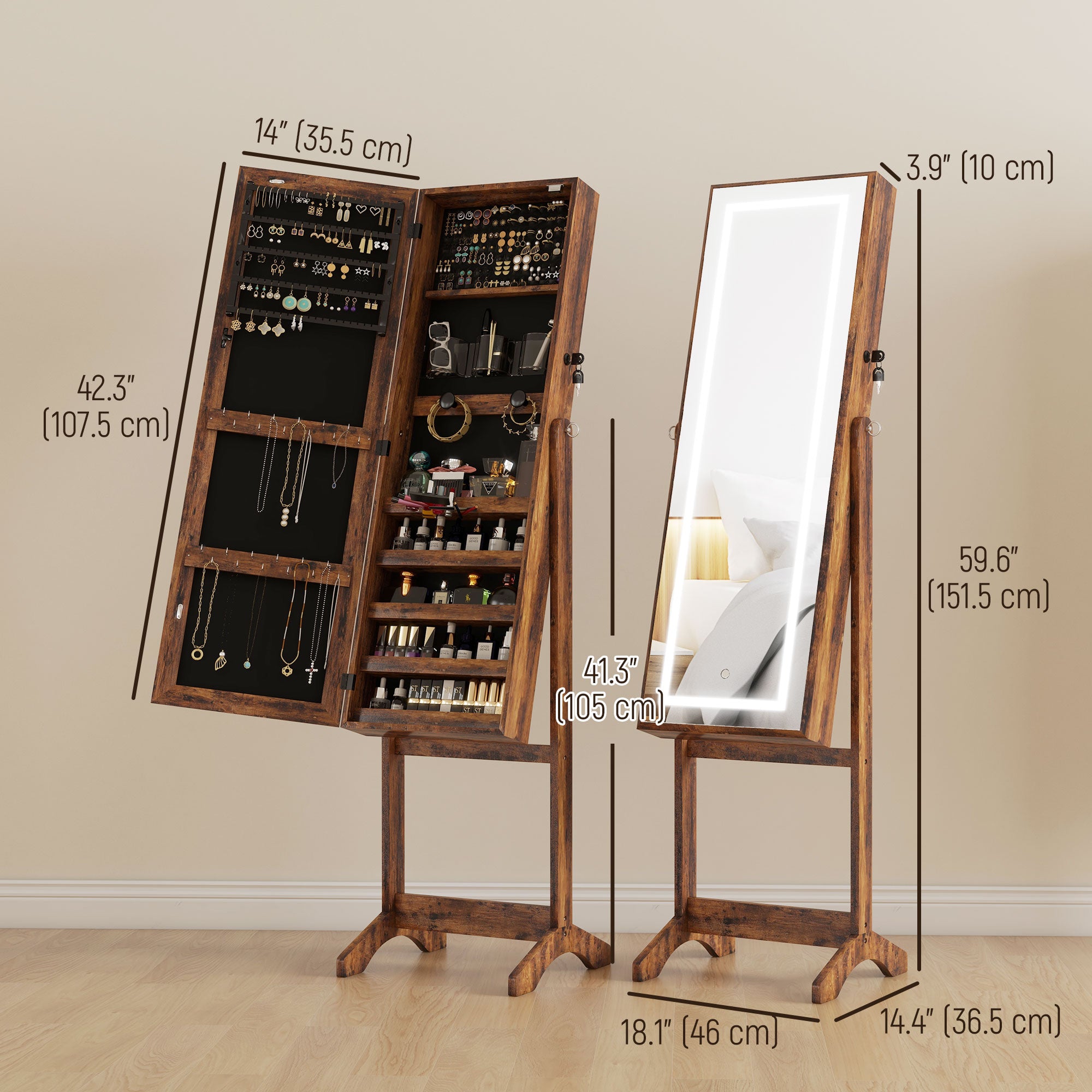 HOMCOM Jewelry Cabinet with LED Light, Lockable Jewelry Storage Organizer with Full-Length Mirror for Dressing Room, Rustic Brown