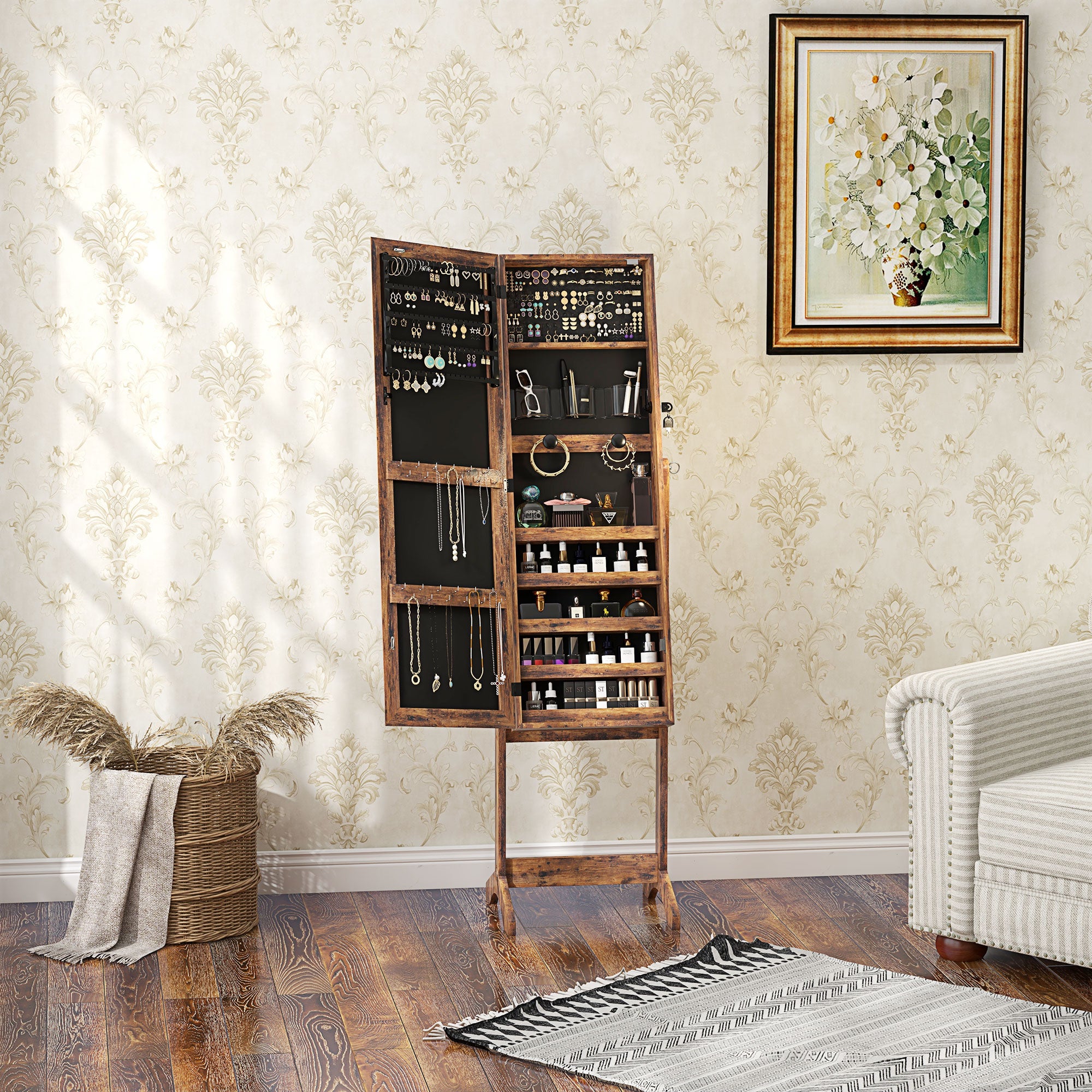 HOMCOM Jewelry Cabinet with LED Light, Lockable Jewelry Storage Organizer with Full-Length Mirror for Dressing Room, Rustic Brown