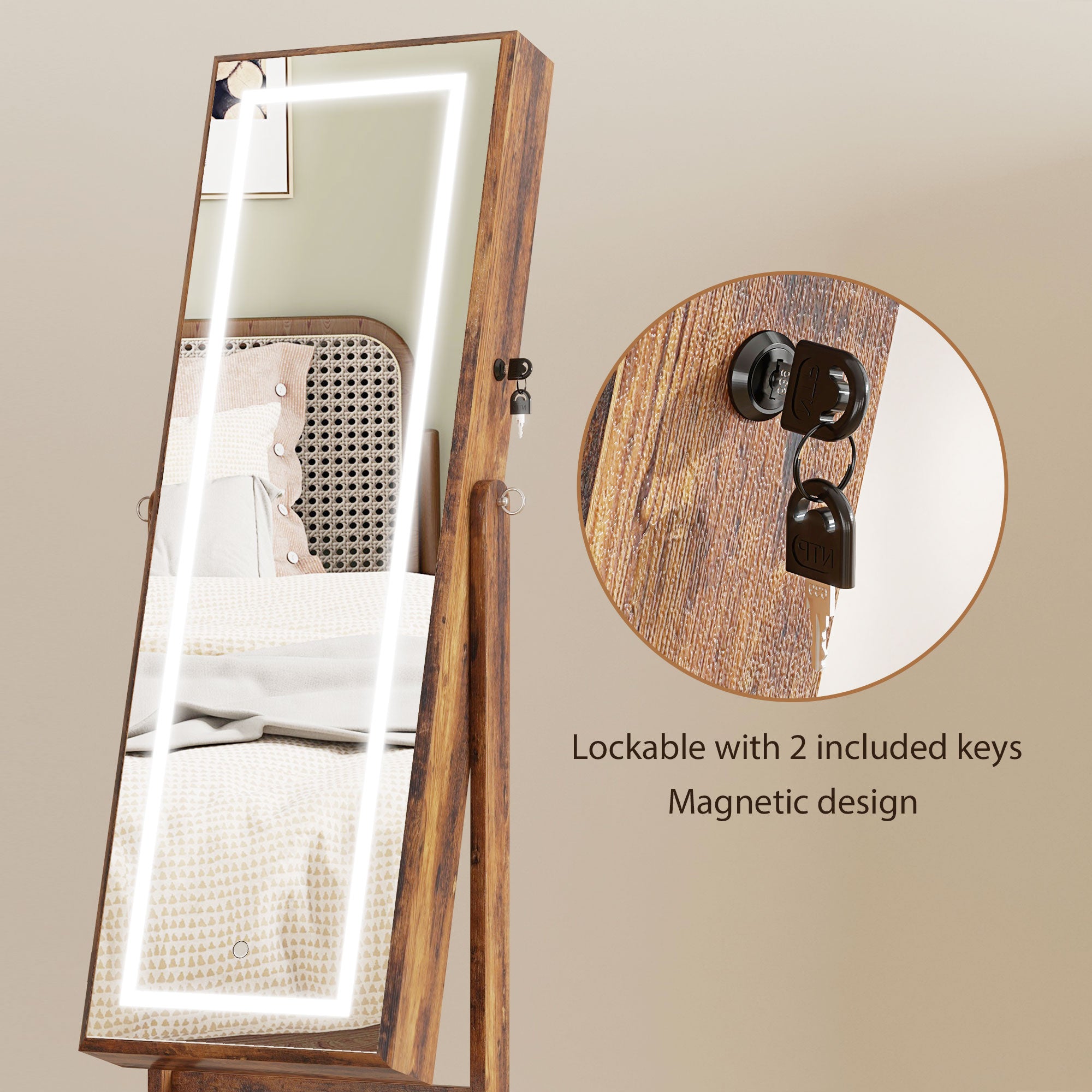 HOMCOM Jewelry Cabinet with LED Light, Lockable Jewelry Storage Organizer with Full-Length Mirror for Dressing Room, Rustic Brown
