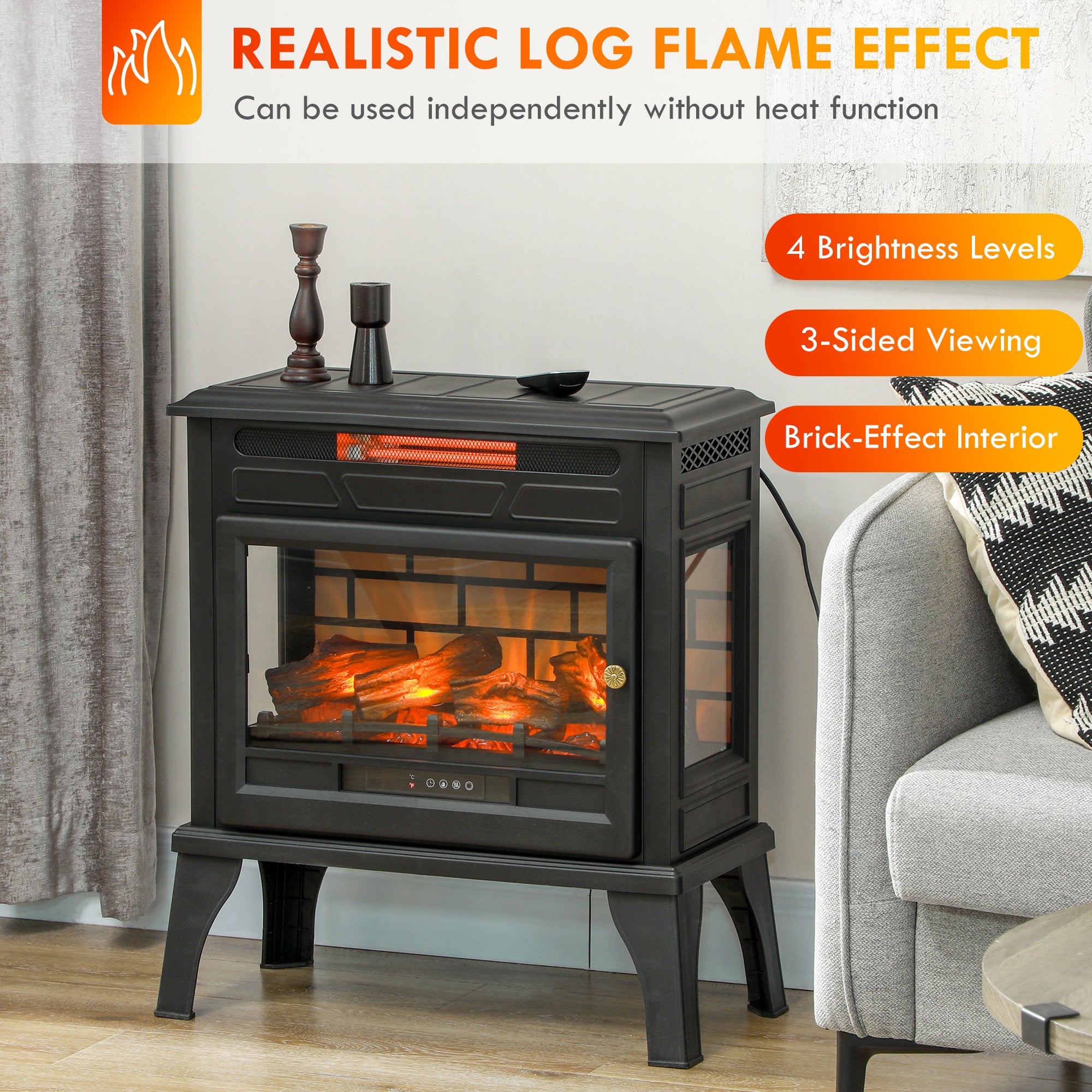 24" Electric Fireplace Stove 1000W/1500W Freestanding Heater with Remote Control Black