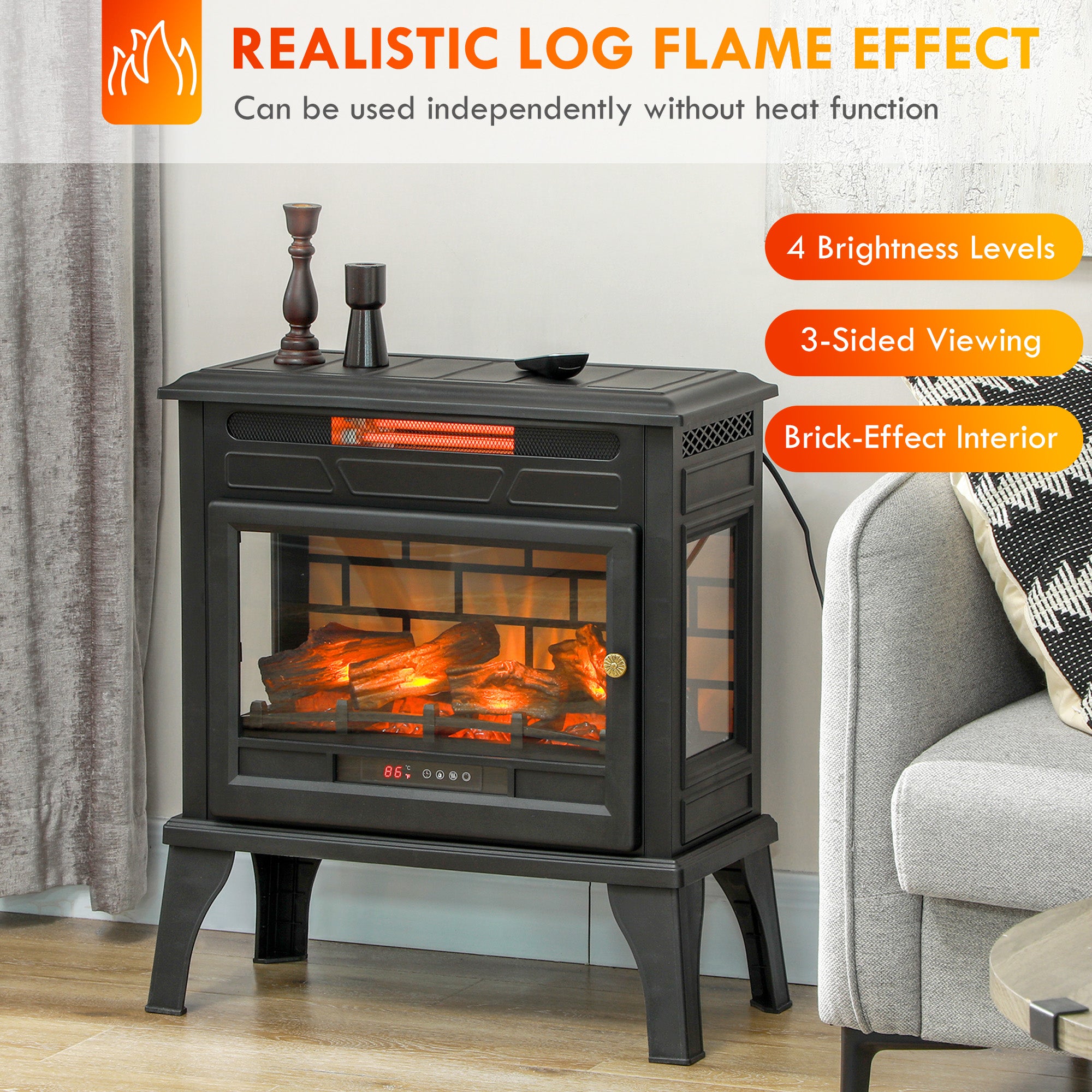 HOMCOM Electric Fireplace Stove, 24" Freestanding Electric Fireplace Infrared Heater with Remote, Adjustable 3D Flame Effect, Thermostat, Overheat Protection, 1000W/1500W, Black