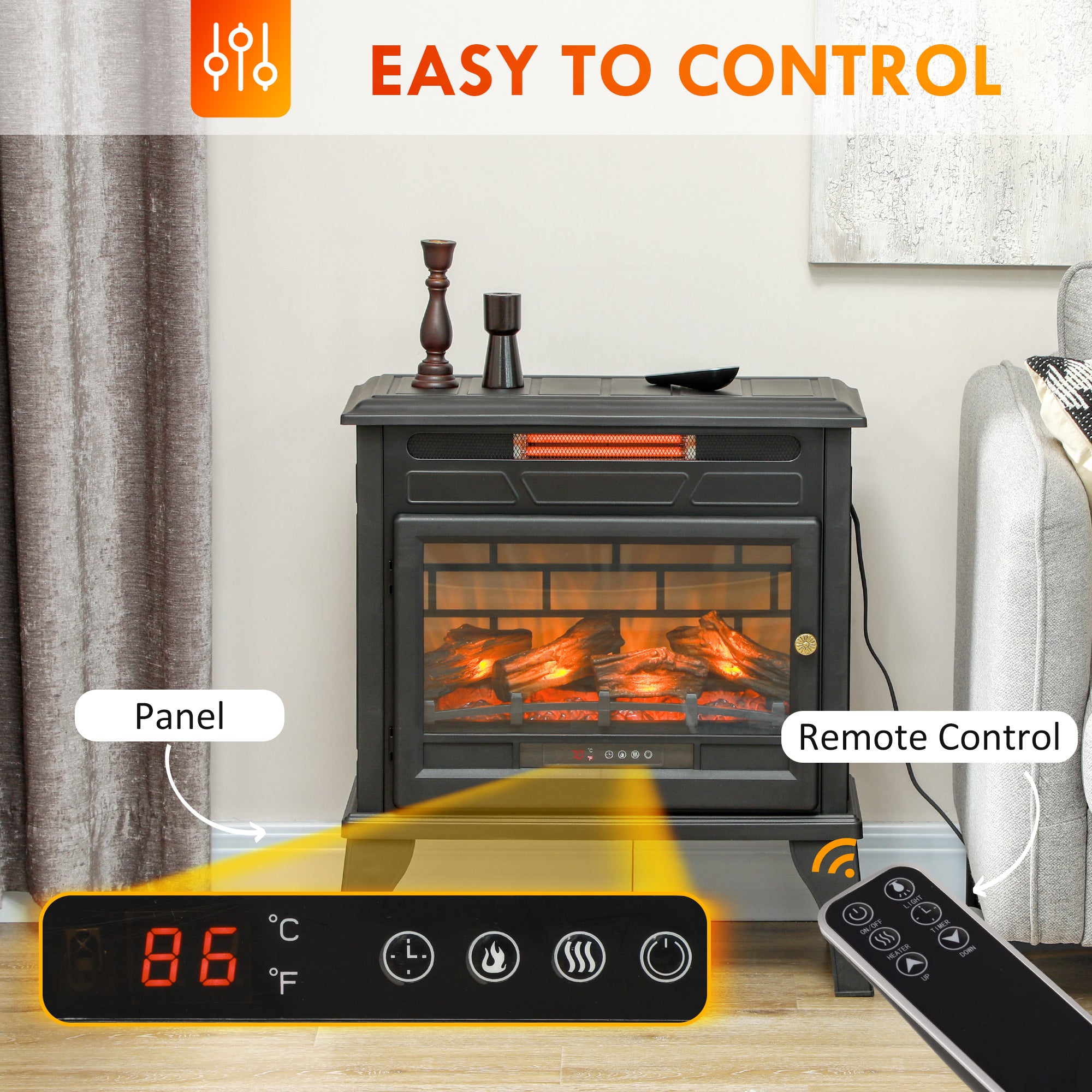 24" Electric Fireplace Stove 1000W/1500W Freestanding Heater with Remote Control Black