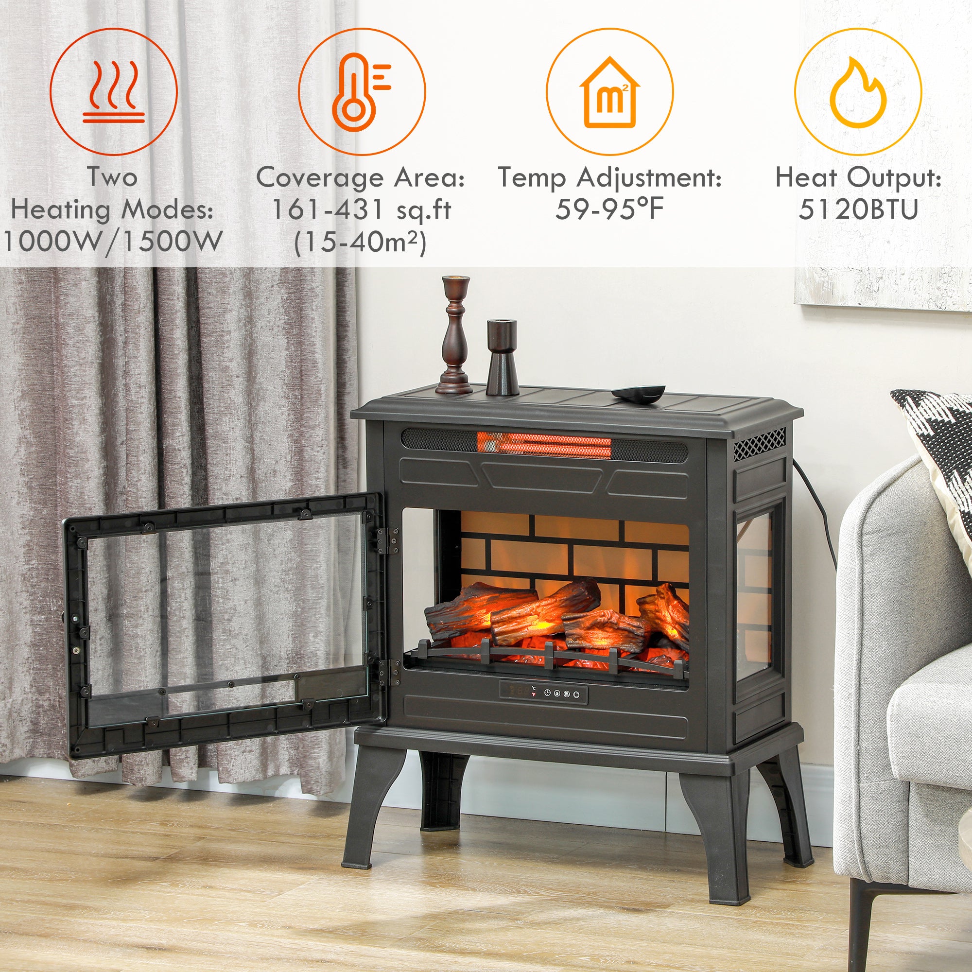 24" Electric Fireplace Stove 1000W/1500W Freestanding Heater with Remote Control Black