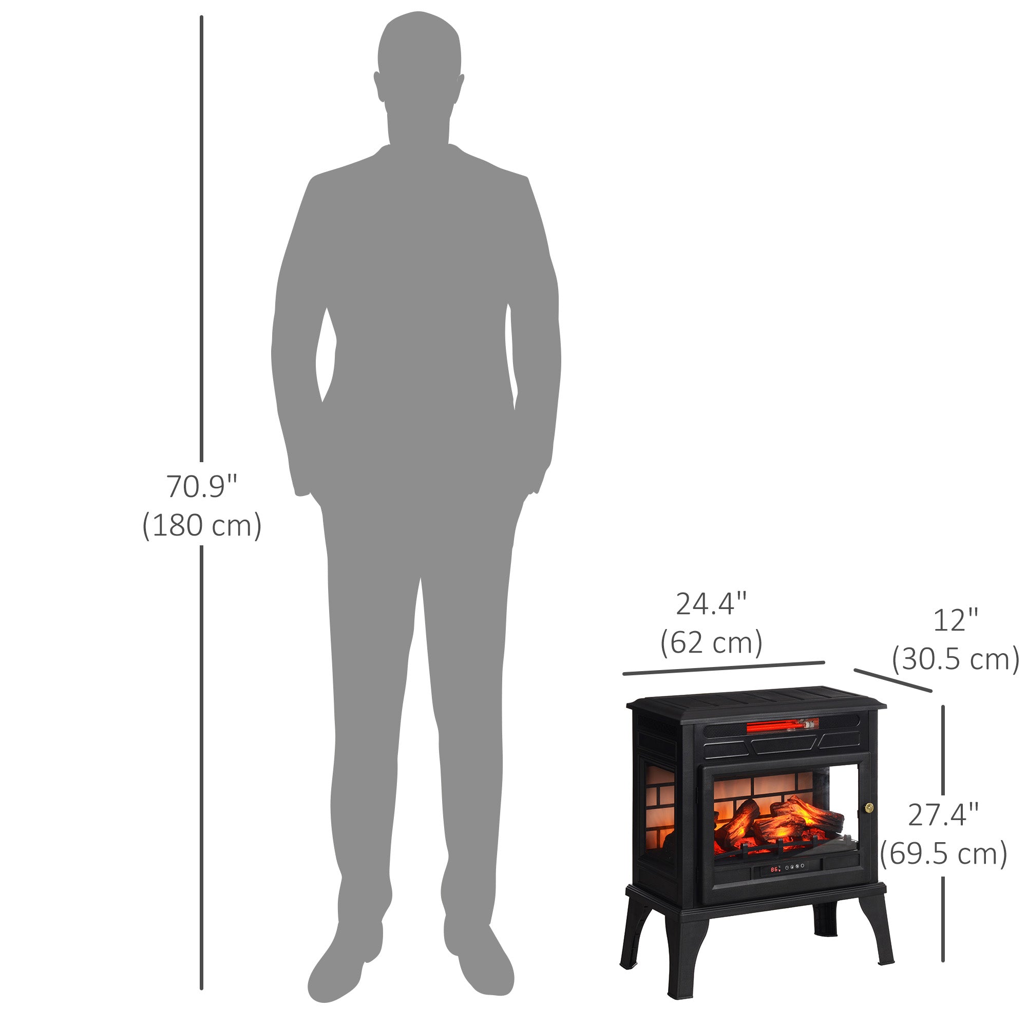 HOMCOM Electric Fireplace Stove, 24" Freestanding Electric Fireplace Infrared Heater with Remote, Adjustable 3D Flame Effect, Thermostat, Overheat Protection, 1000W/1500W, Black