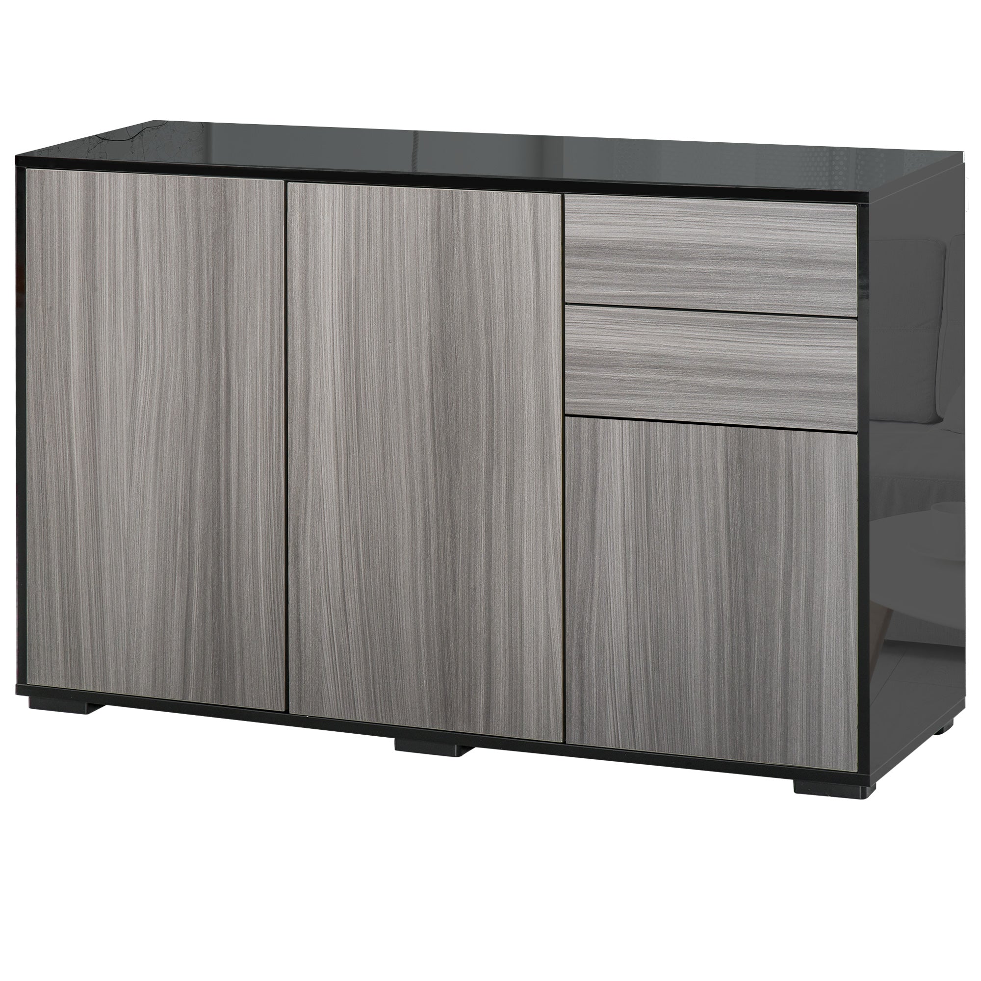 HOMCOM High Gloss Buffet Sideboard with 2 Drawers, 3 Doors and Adjustable Shelf, Kitchen Storage Cabinet with Push Open Design, Grey and Black