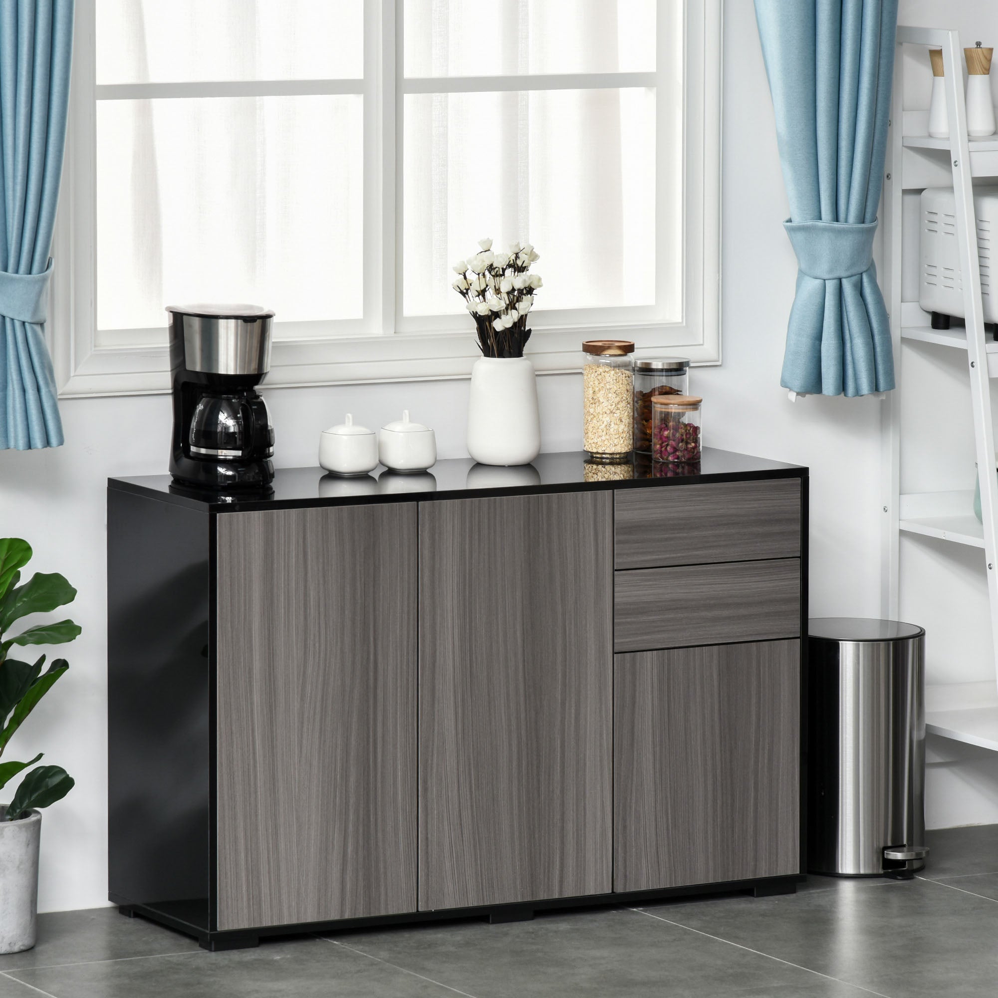 HOMCOM High Gloss Buffet Sideboard with 2 Drawers, 3 Doors and Adjustable Shelf, Kitchen Storage Cabinet with Push Open Design, Grey and Black