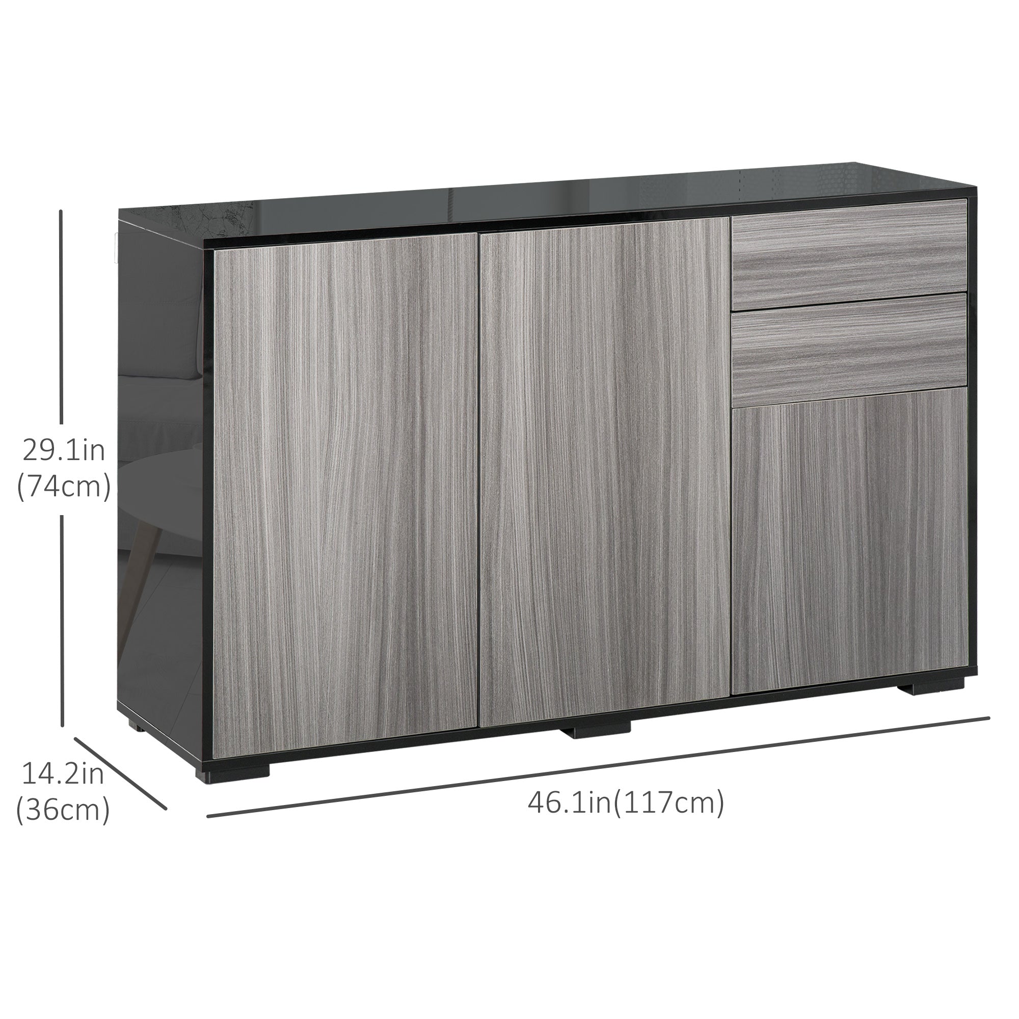 HOMCOM High Gloss Buffet Sideboard with 2 Drawers, 3 Doors and Adjustable Shelf, Kitchen Storage Cabinet with Push Open Design, Grey and Black