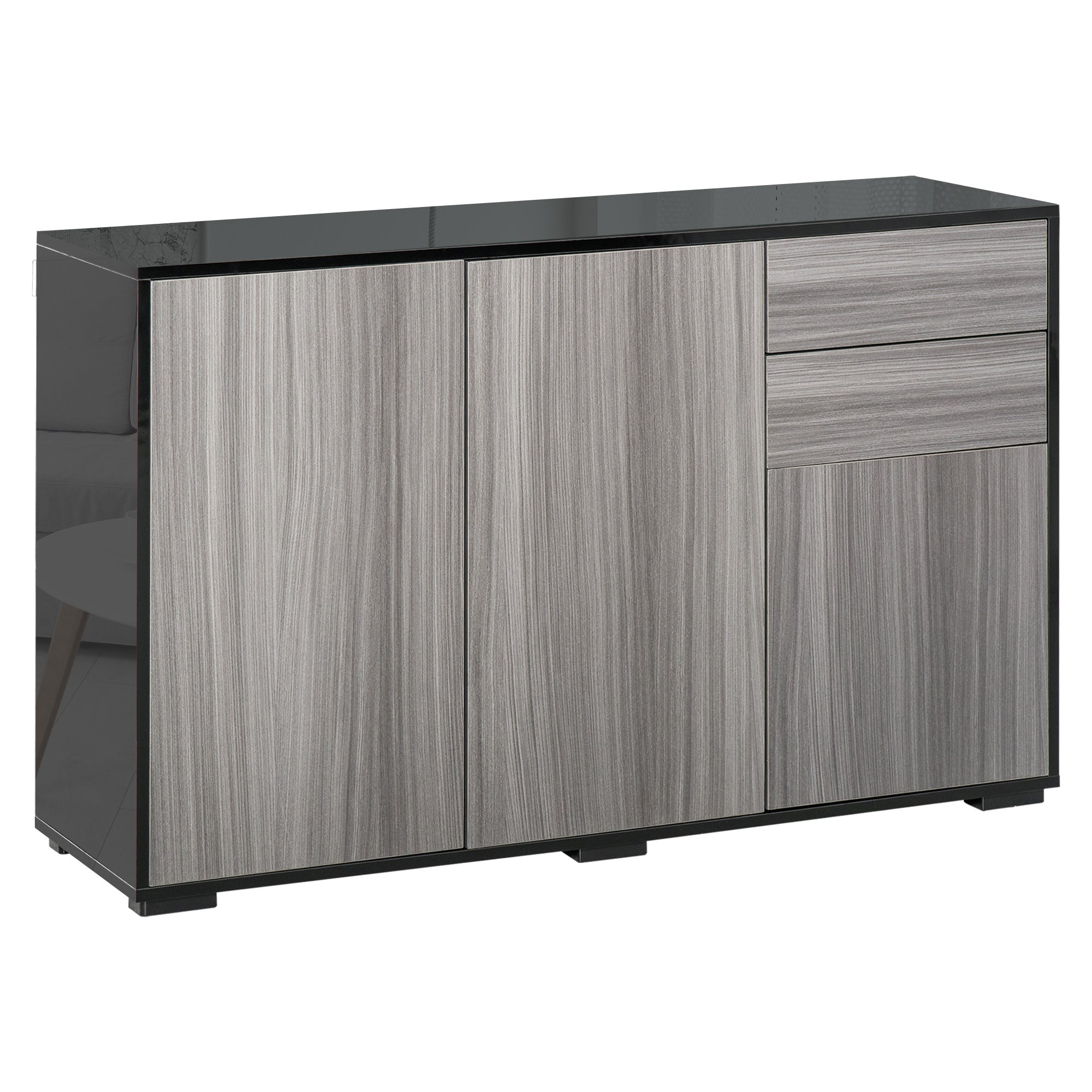 HOMCOM High Gloss Buffet Sideboard with 2 Drawers, 3 Doors and Adjustable Shelf, Kitchen Storage Cabinet with Push Open Design, Grey and Black