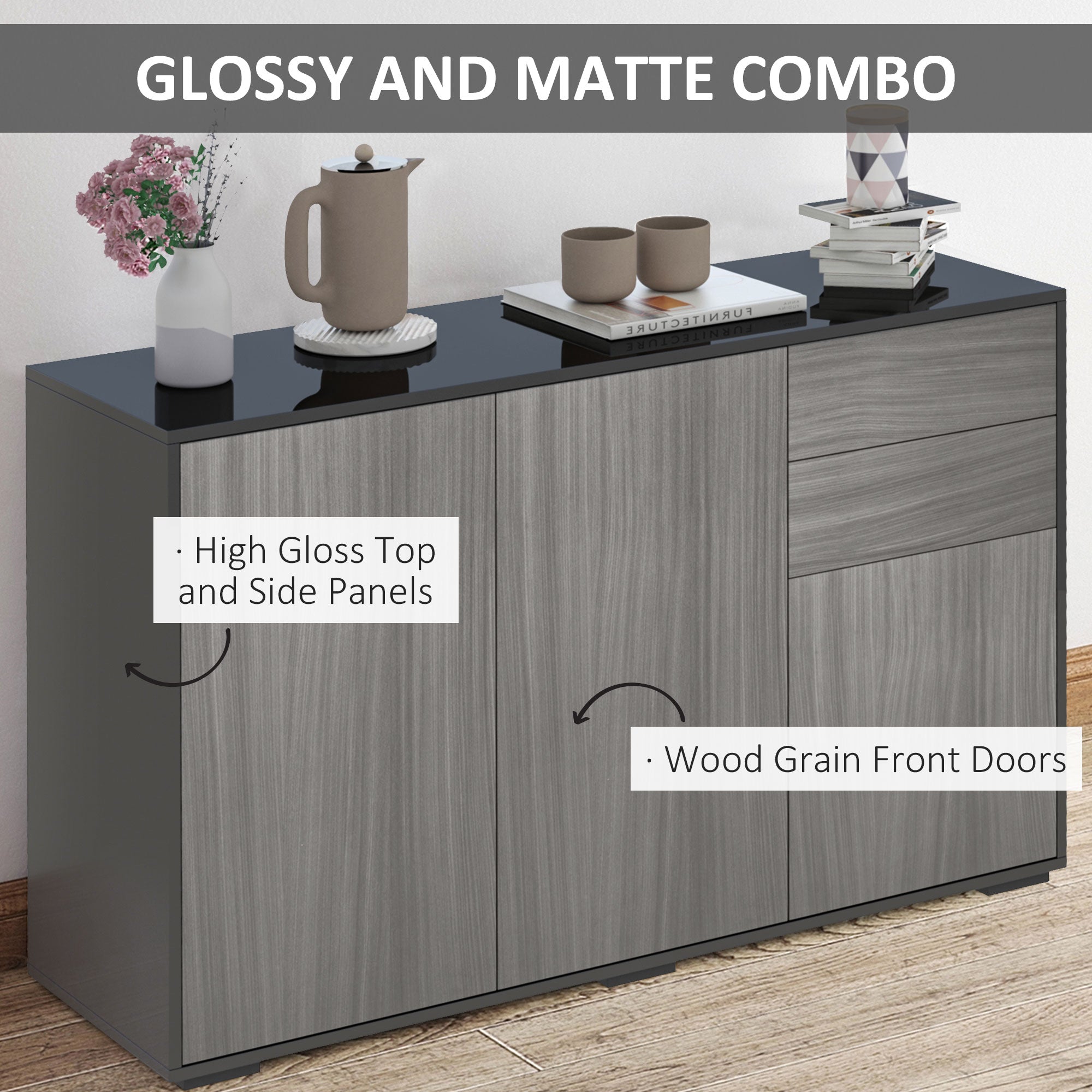 HOMCOM High Gloss Buffet Sideboard with 2 Drawers, 3 Doors and Adjustable Shelf, Kitchen Storage Cabinet with Push Open Design, Grey and Black