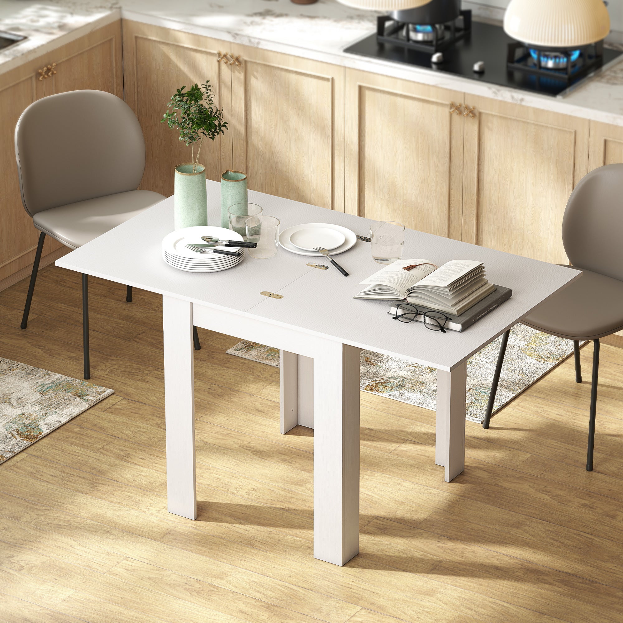 55" Extendable Dining Table for 4-6 Person, Rectangular Modern Kitchen Table with PU Handle and Felt Pads for Small Spaces, White Wood Effect