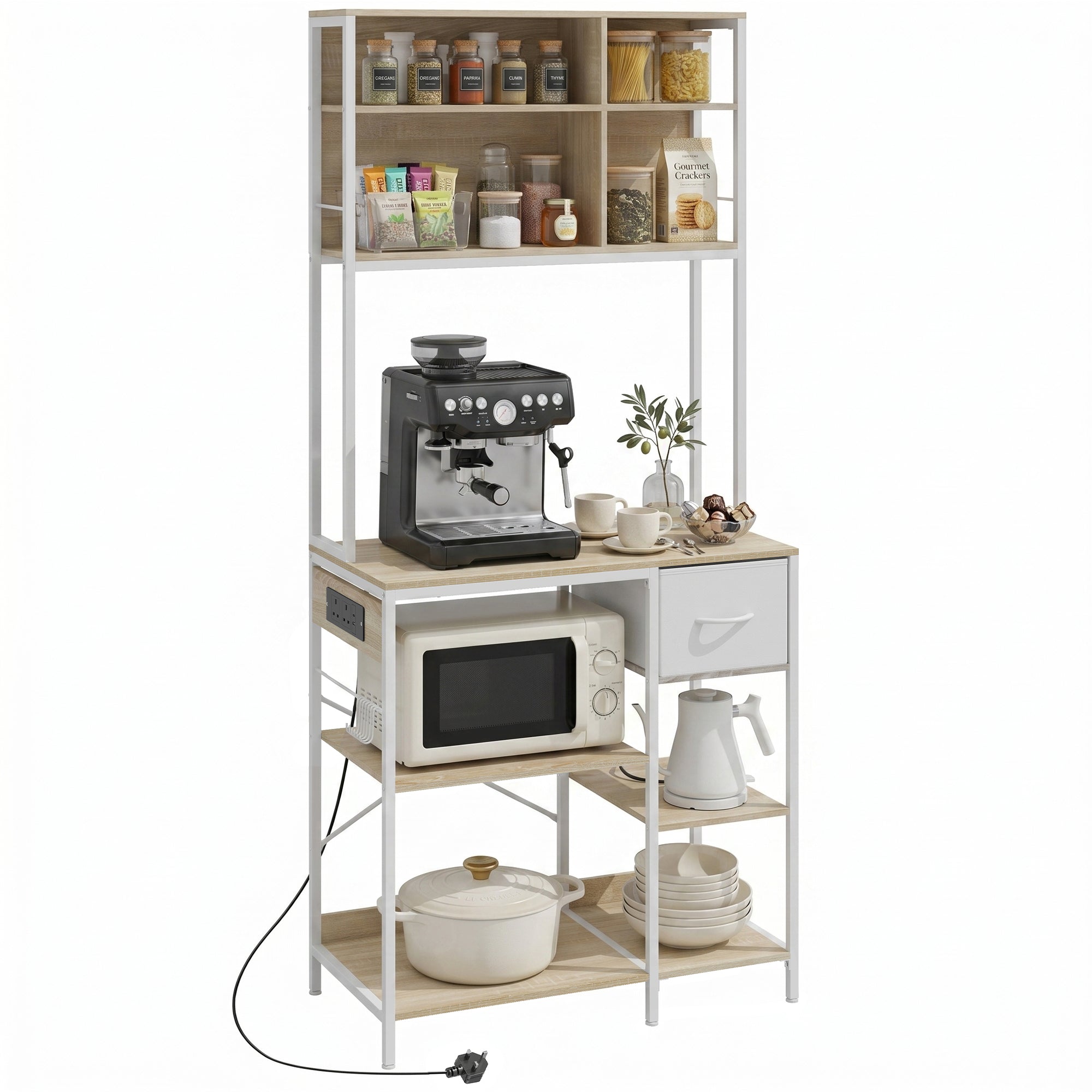 Kitchen Baker's Rack, Microwave Stand with Storage Shelves and 6 Hooks for Small Spaces, Kitchen Storage Unit for Spices, Pots and Pans, 80 x 40 x 181 cm, Oak